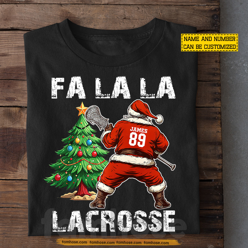 Funny Personalized Santa Playing Lacrosse Christmas T-Shirt, Fa La La Lacrosse Sports Tee Xmas Gift For Lacrosse Lovers