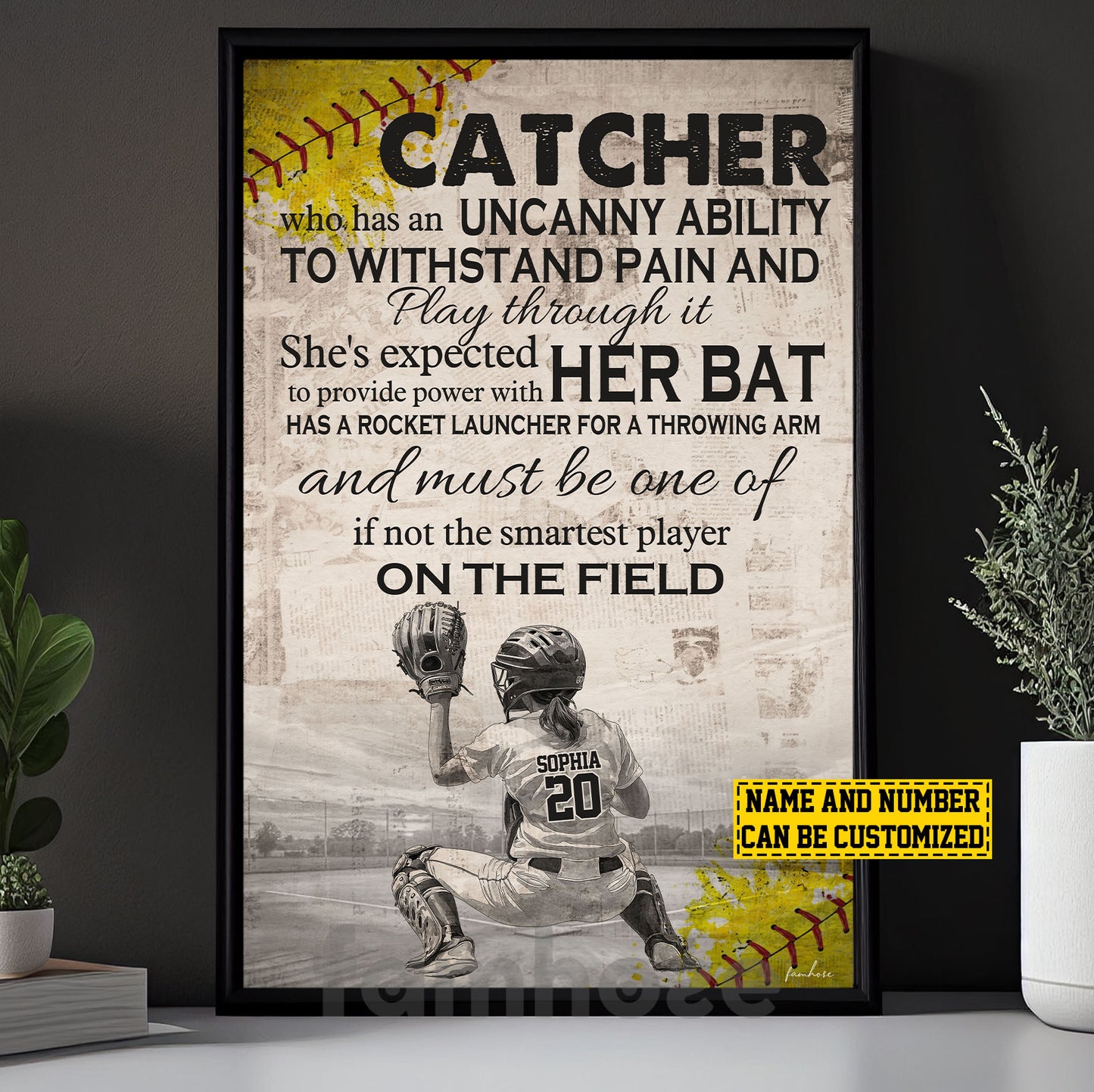 Personalized Motivational Softball Girl Canvas Painting, Catcher She's Expected To Provide Power With Her Bat, Sport Wall Art Decor, Poster Gift For Softball Lovers, Softball Players