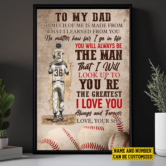 Personalized Baseball Boy Canvas Painting, To My Dad The Man I Will Look Up To, Inspirational Quotes Baseball Wall Art Decor, Father's Day Poster Gift For Dad From Son