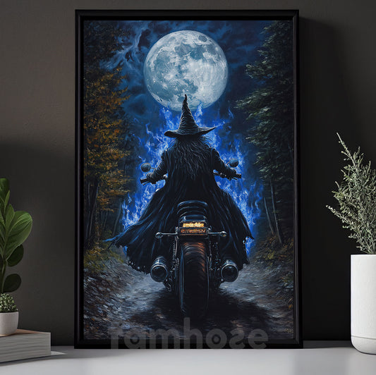 Halloween Witch Motorcycle Canvas Painting, Witch Biker Under The Full Moon Wall Art Decor, Spooky Season Poster Gift For Biker