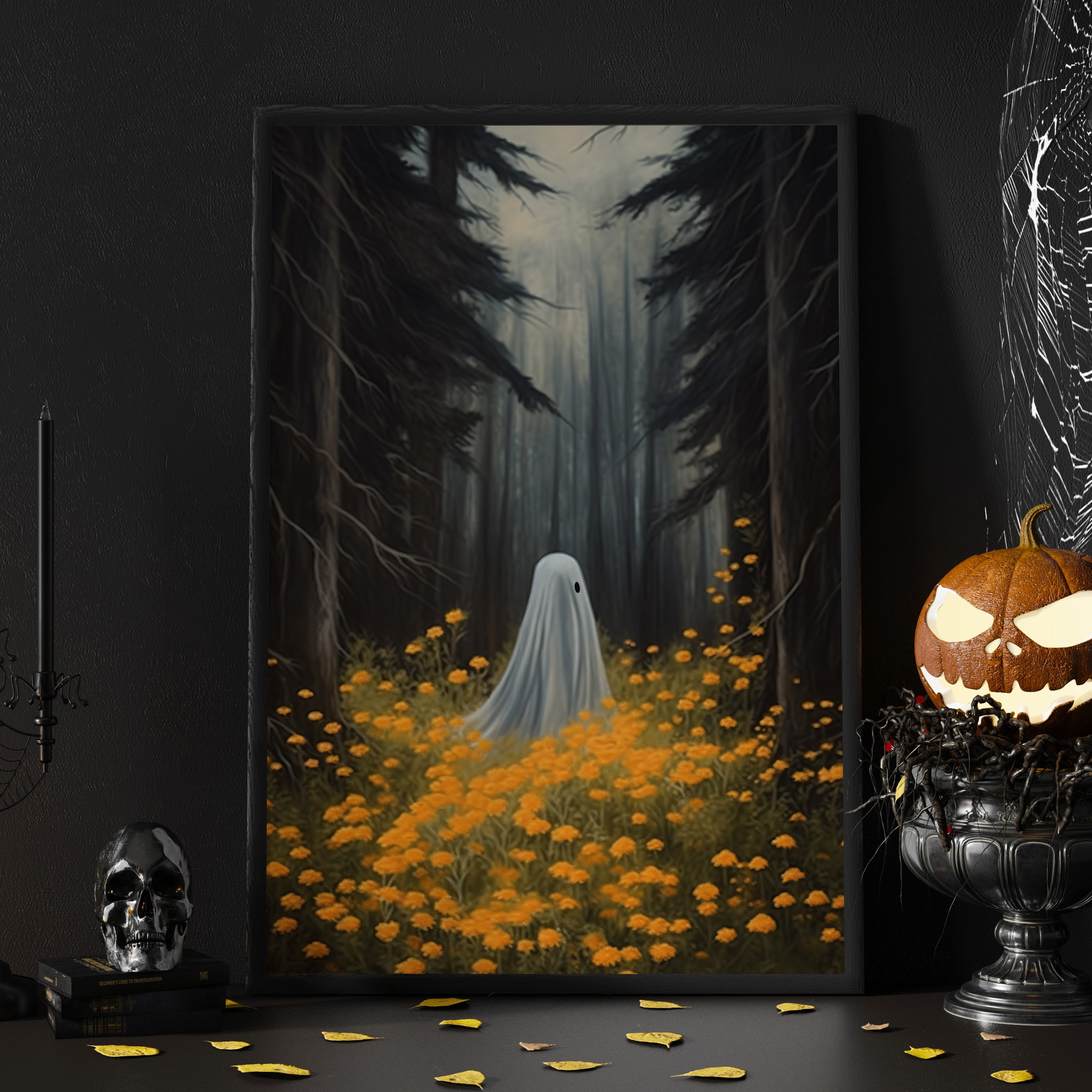Alone Ghost In Flower Garden Vintage Halloween Canvas Painting