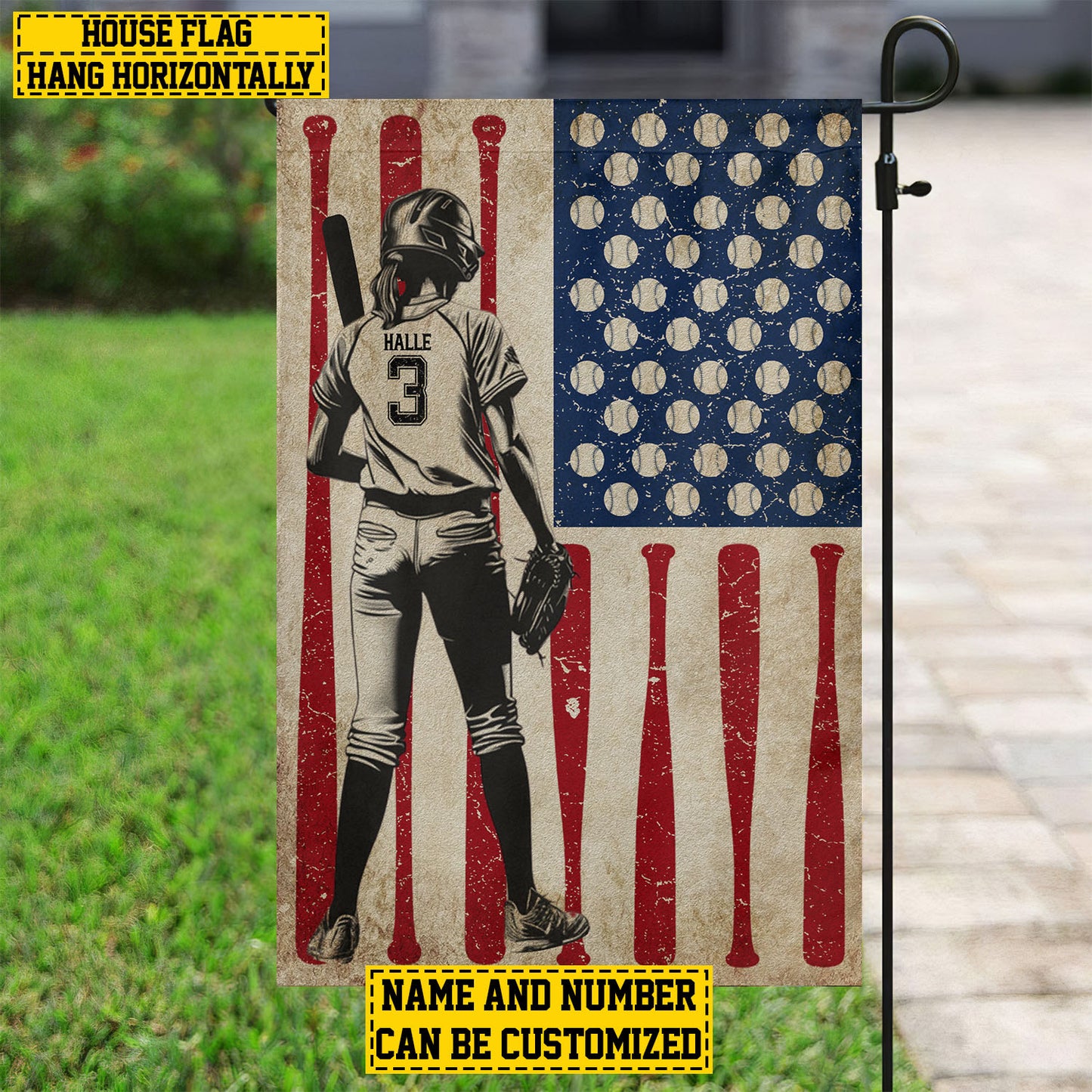 Personalized July 4th Softball Women American Garden Flag House Flag, Independence Day Patriotic Softball USA Yard Flag Gift For Softball Lovers