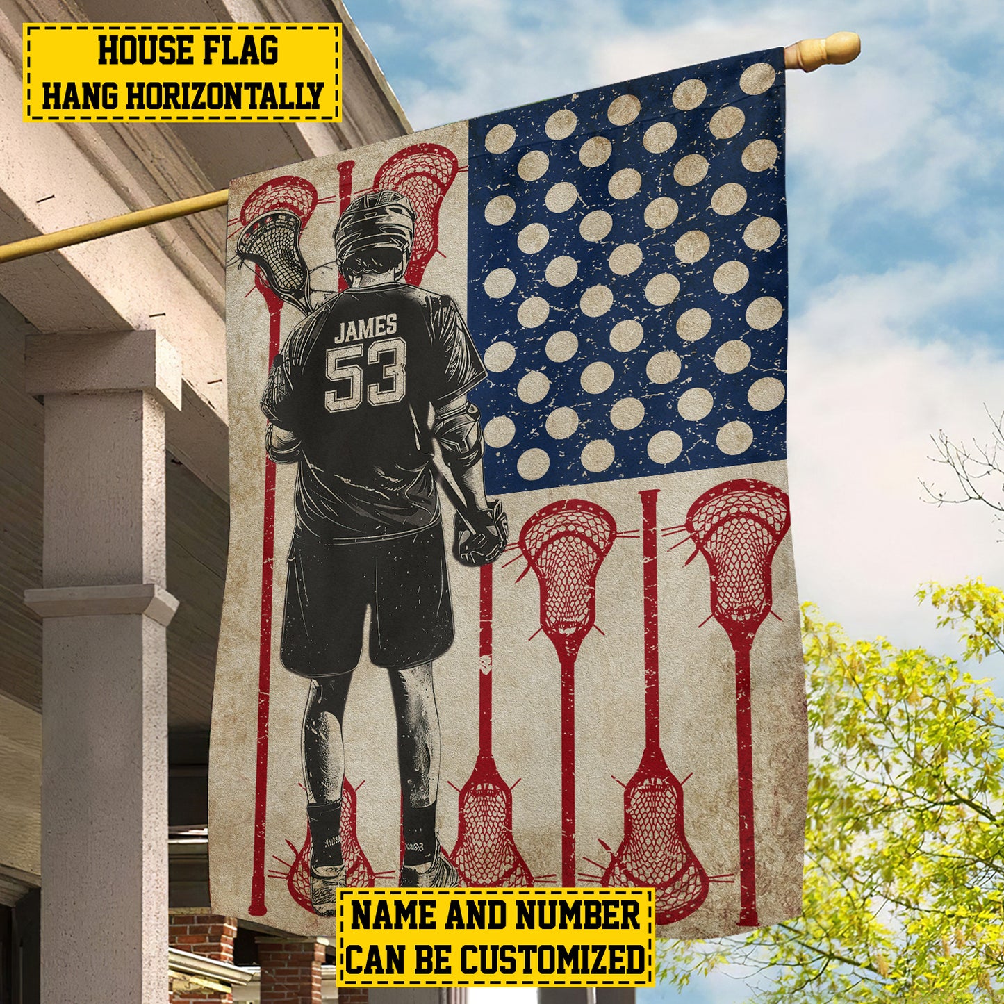Personalized July 4th Lacrosse Boy Garden Flag House Flag, Independence Day Patriotic Lacrosse USA Yard Flag Gift For Lacrosse Lovers