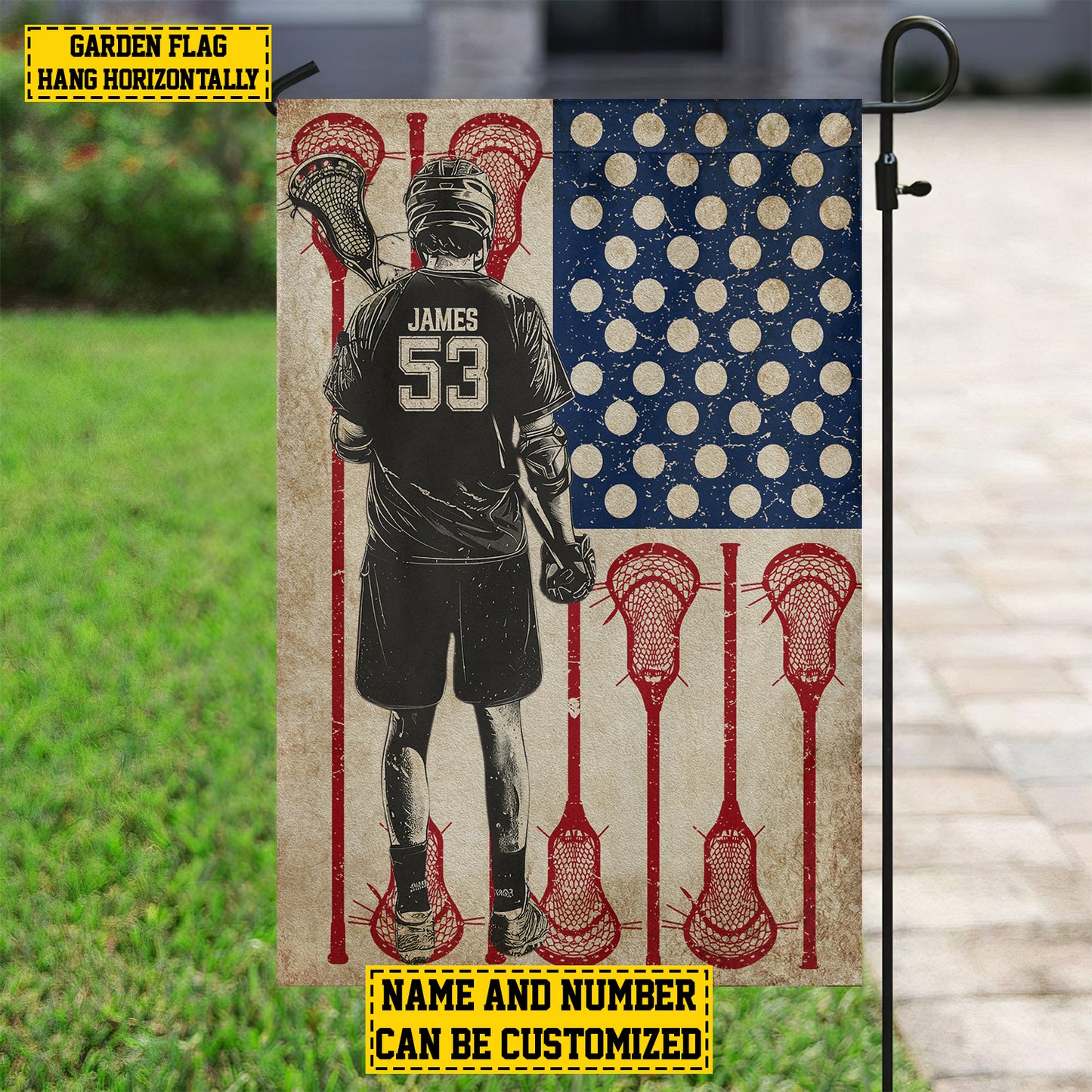 Personalized July 4th Lacrosse Boy Garden Flag House Flag, Independence Day Patriotic Lacrosse USA Yard Flag Gift For Lacrosse Lovers