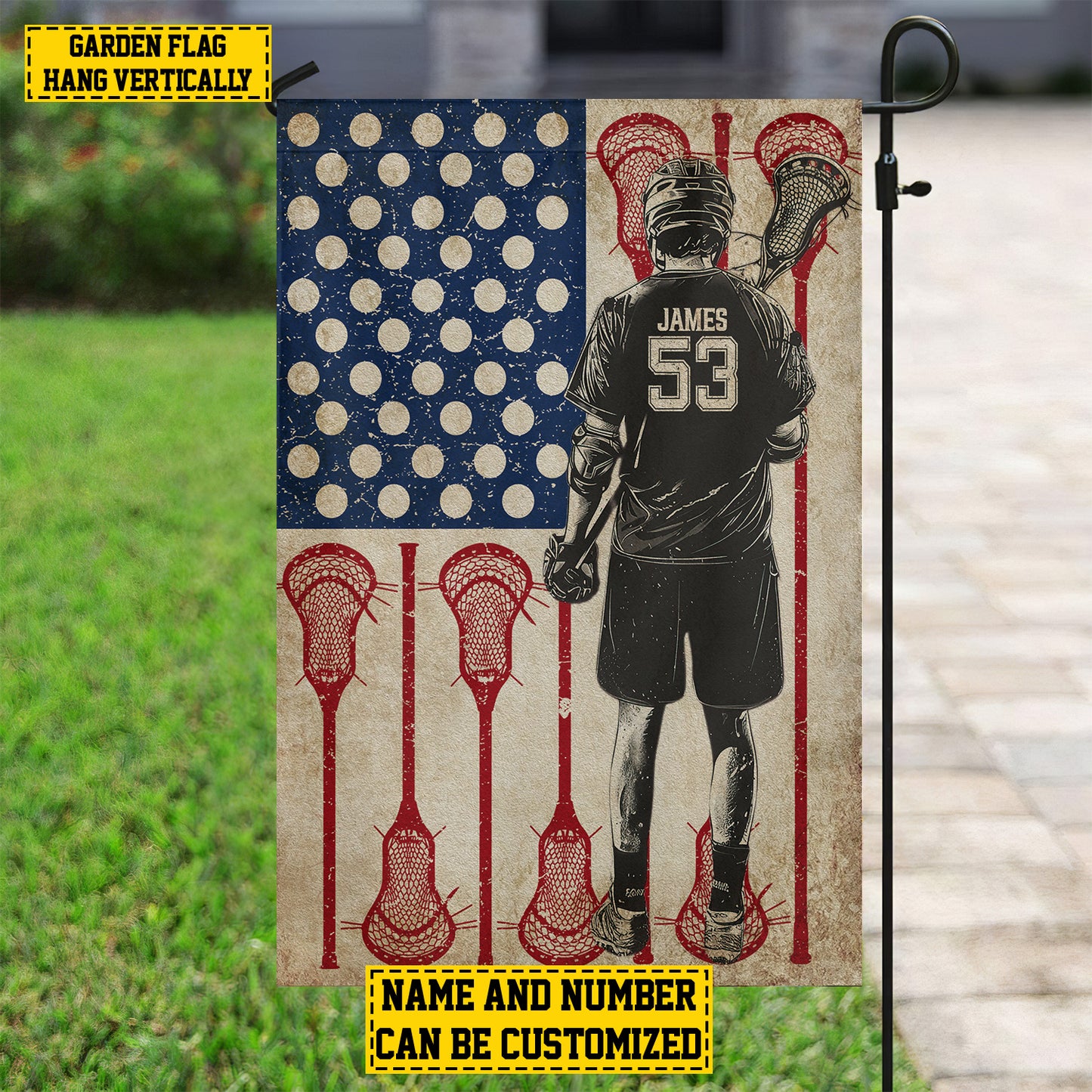 Personalized July 4th Lacrosse Boy Garden Flag House Flag, Independence Day Patriotic Lacrosse USA Yard Flag Gift For Lacrosse Lovers
