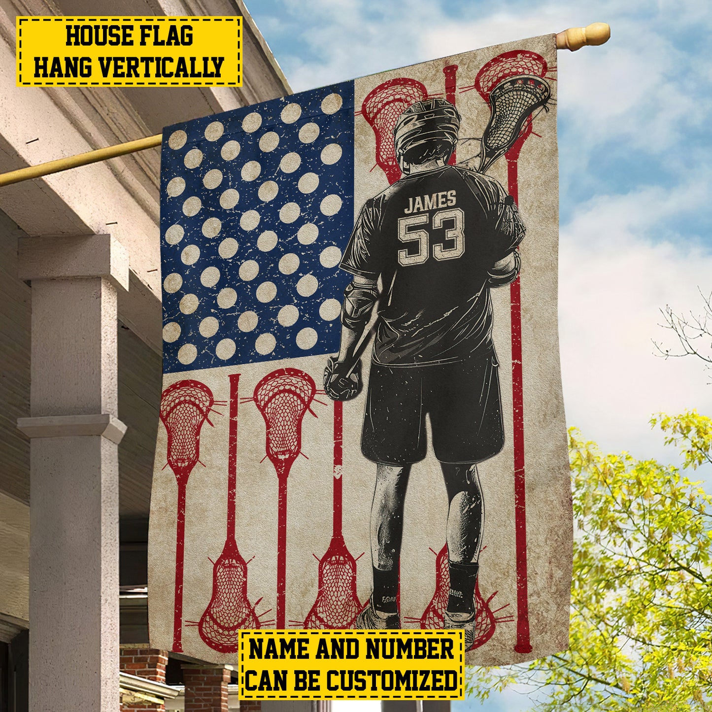 Personalized July 4th Lacrosse Boy Garden Flag House Flag, Independence Day Patriotic Lacrosse USA Yard Flag Gift For Lacrosse Lovers