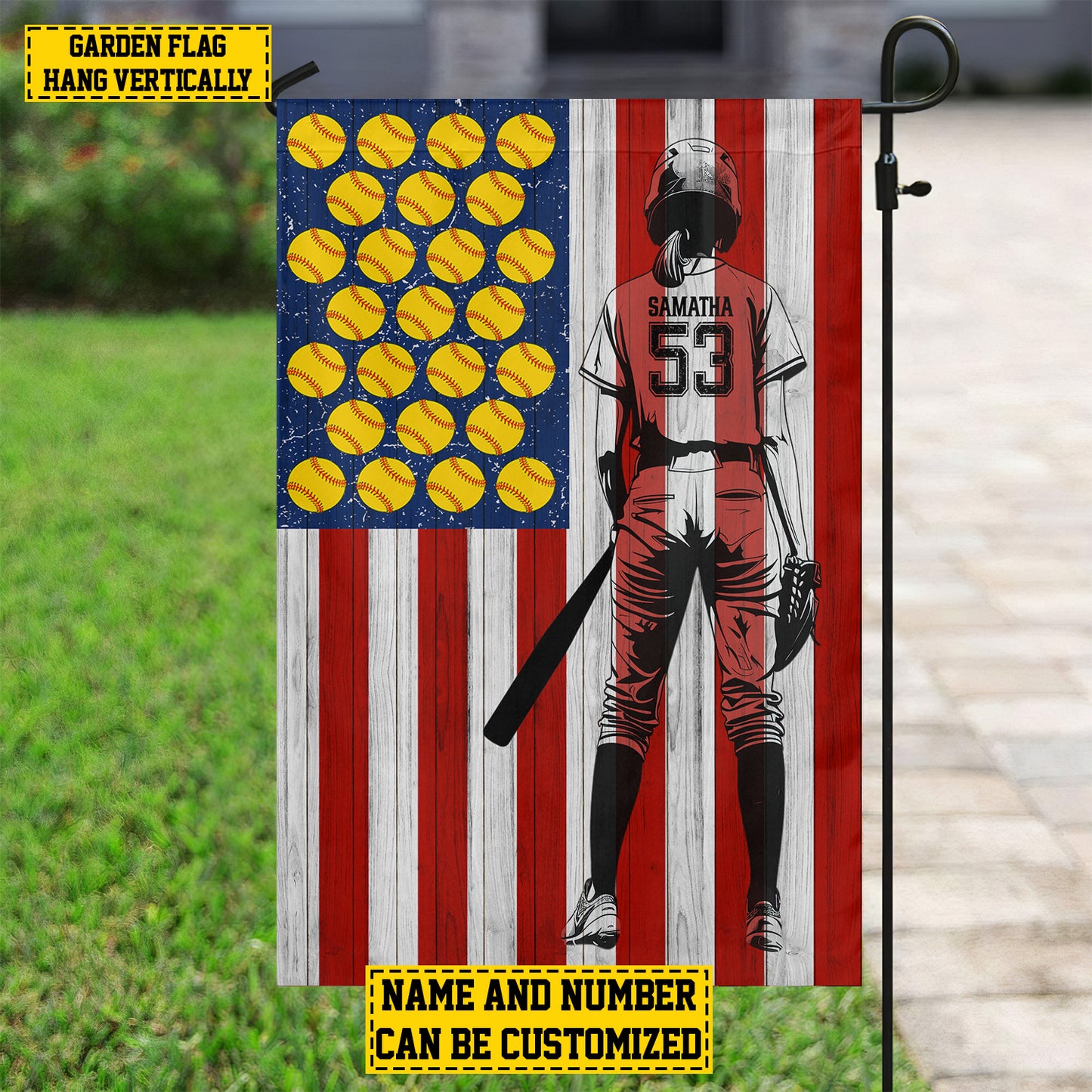 Personalized July 4th Softball Girl American Garden Flag House Flag, Independence Day Patriotic Softball USA Yard Flag, Gift For Softball Lovers