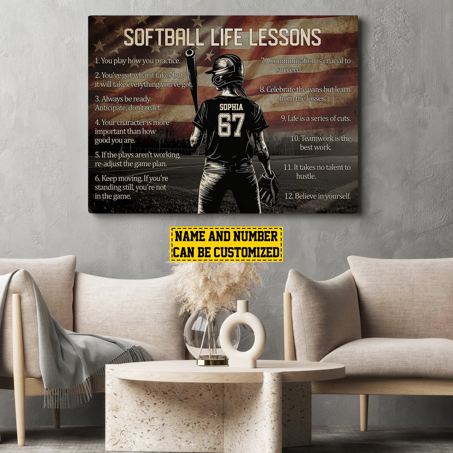 Softball Girl Life Lessons, Personalized Motivational Softball Girl USA Flag Canvas Painting, Inspirational Quotes Wall Art Decor, Poster Gift For Softball Lovers, Softball Players