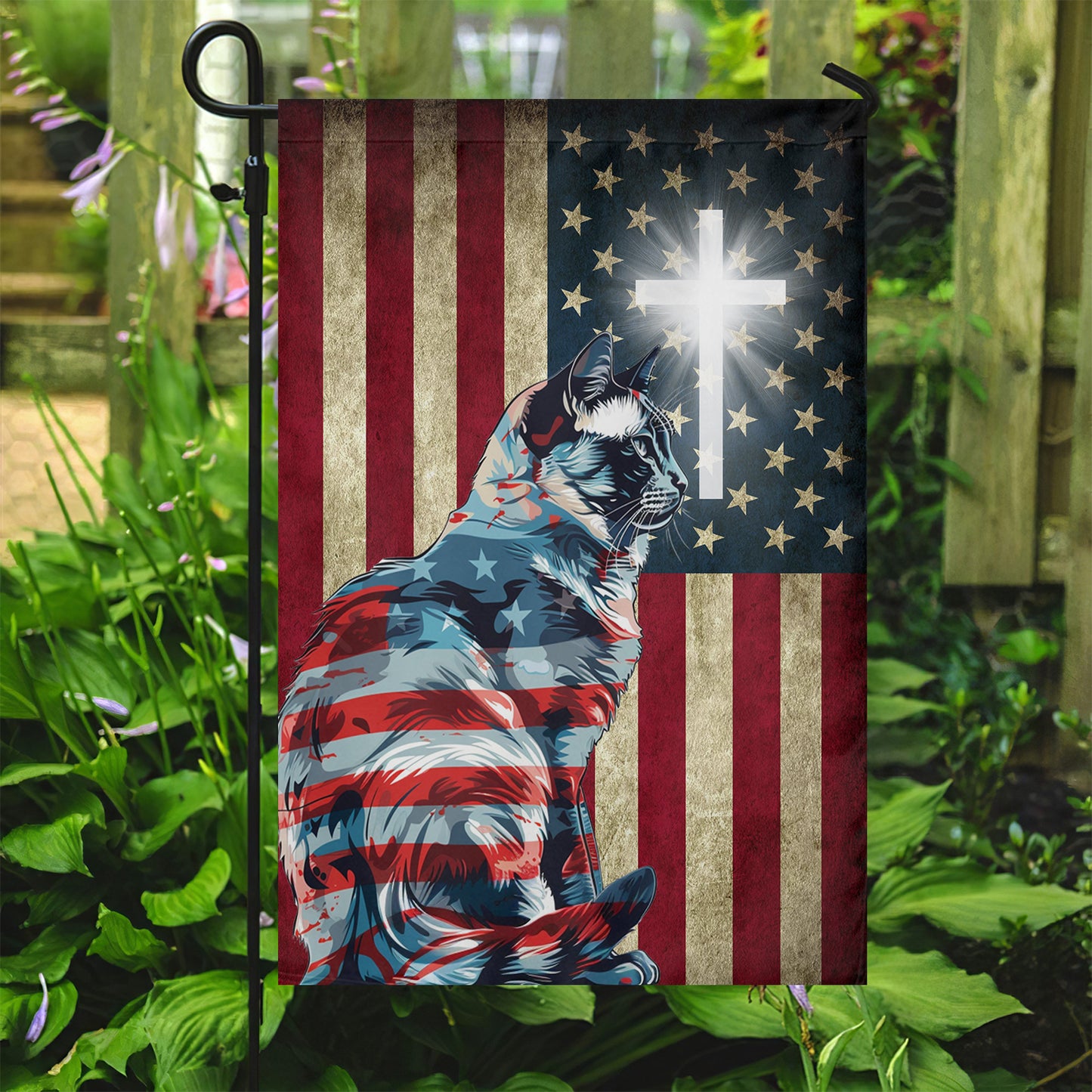 July 4th Cat Garden Flag - House Flag, Believe In Jesus, Independence Day Yard Flag Gift For Cat Lovers