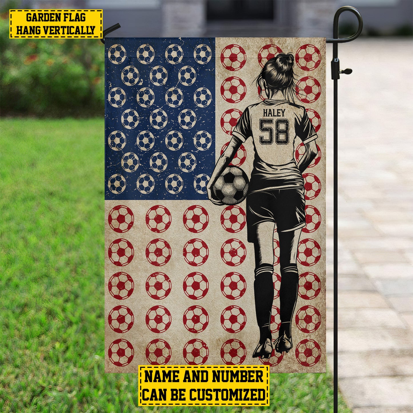Personalized Soccer Girl American Garden Flag House Flag, July 4th Patriotic Soccer USA Flag Gift For Soccer Lovers