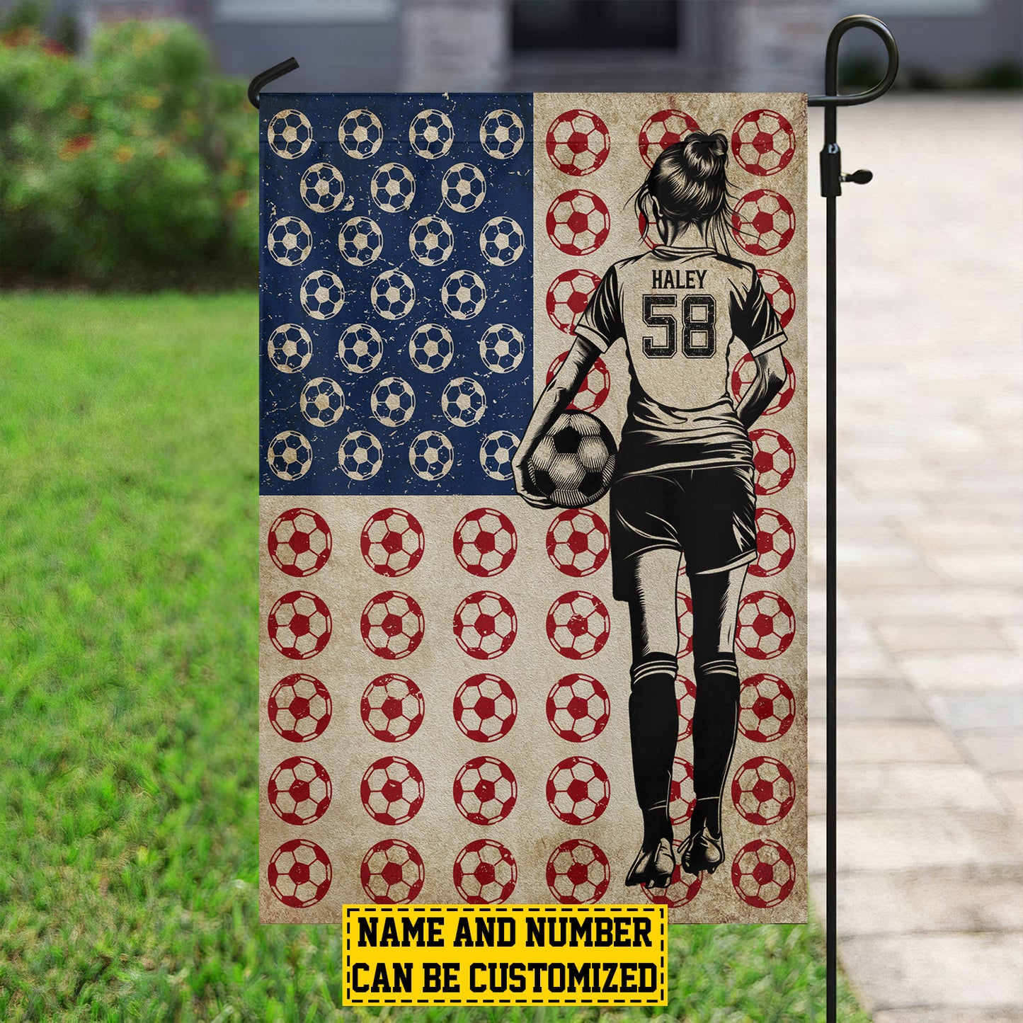 Personalized Independence Day Soccer Girl Garden Flag House Flag, July 4th Yard Flag Gift For Soccer Lovers, Soccer Players