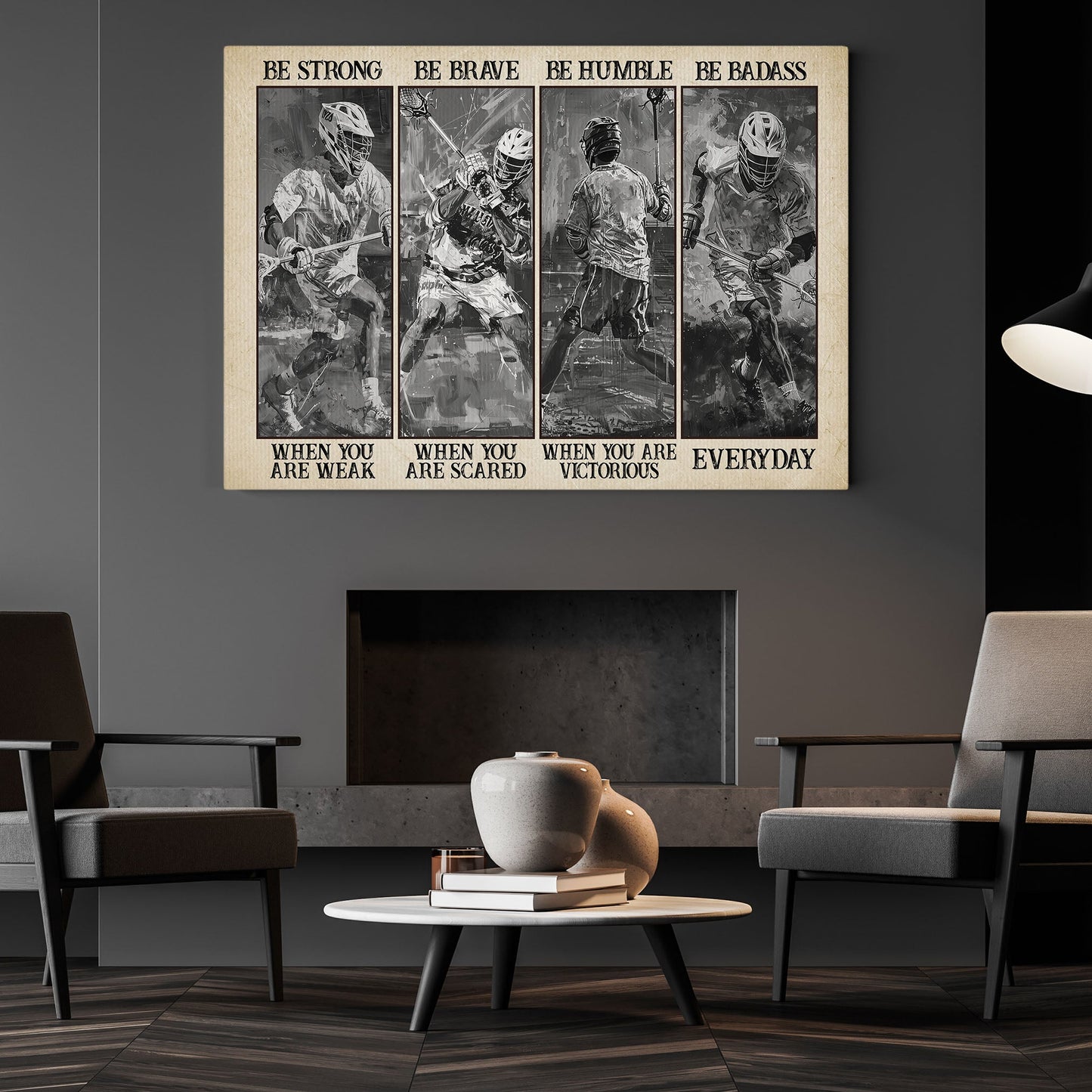 Be Strong Be Brave Be Humble Be Badass, Lacrosse Boy Canvas Painting, Inspirational Quotes Lacrosse Wall Art Decor, Poster Gift For Lacrosse Lovers