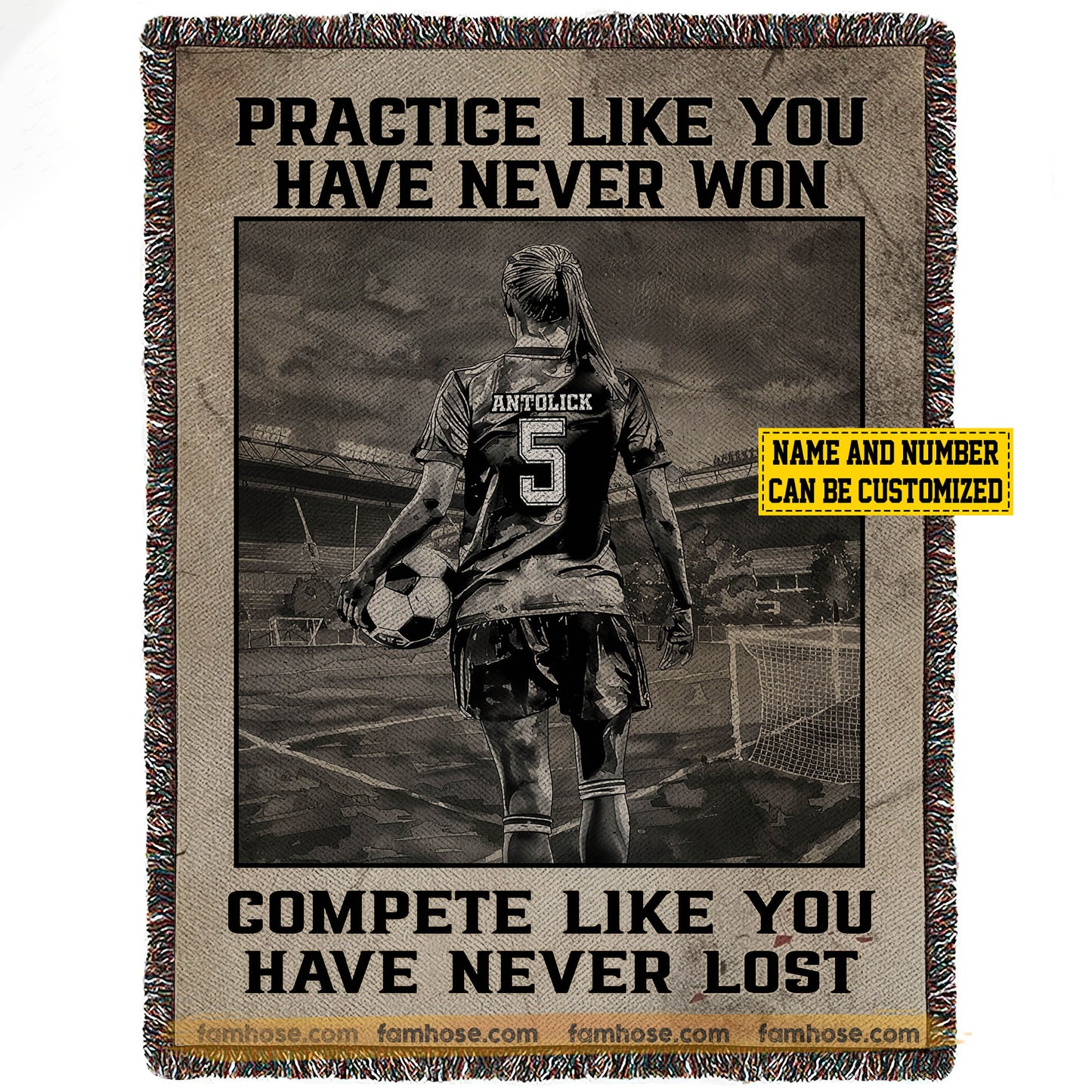 Motivational Personalized Soccer Girl Fleece Blanket, Compete Like You Have Never Lost Sport Woven Blanket, Cool Sherpa Blanket Gift For Soccer Lovers
