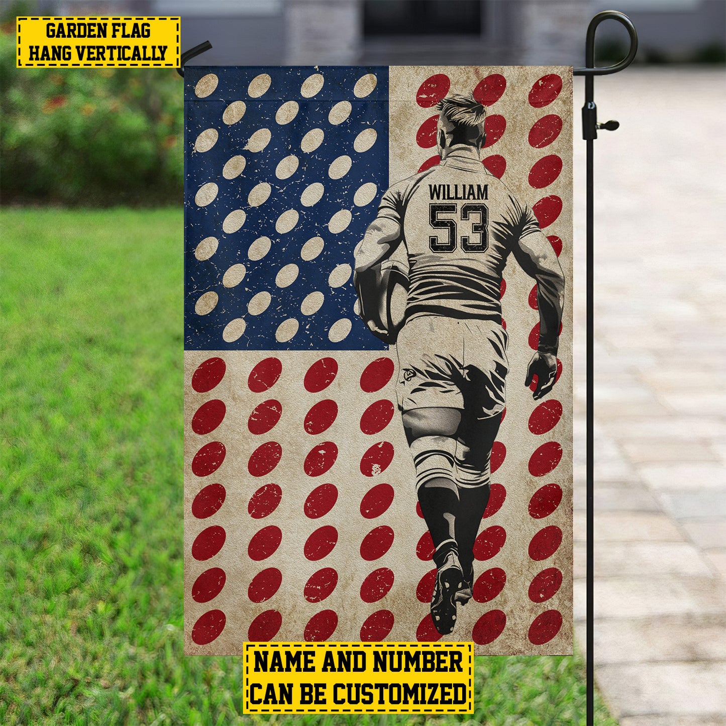 Personalized July 4th Rugby Men American Garden Flag & House Flag, Independence Day Patriotic Rugby USA Yard Flag Gift For Rugby Lovers