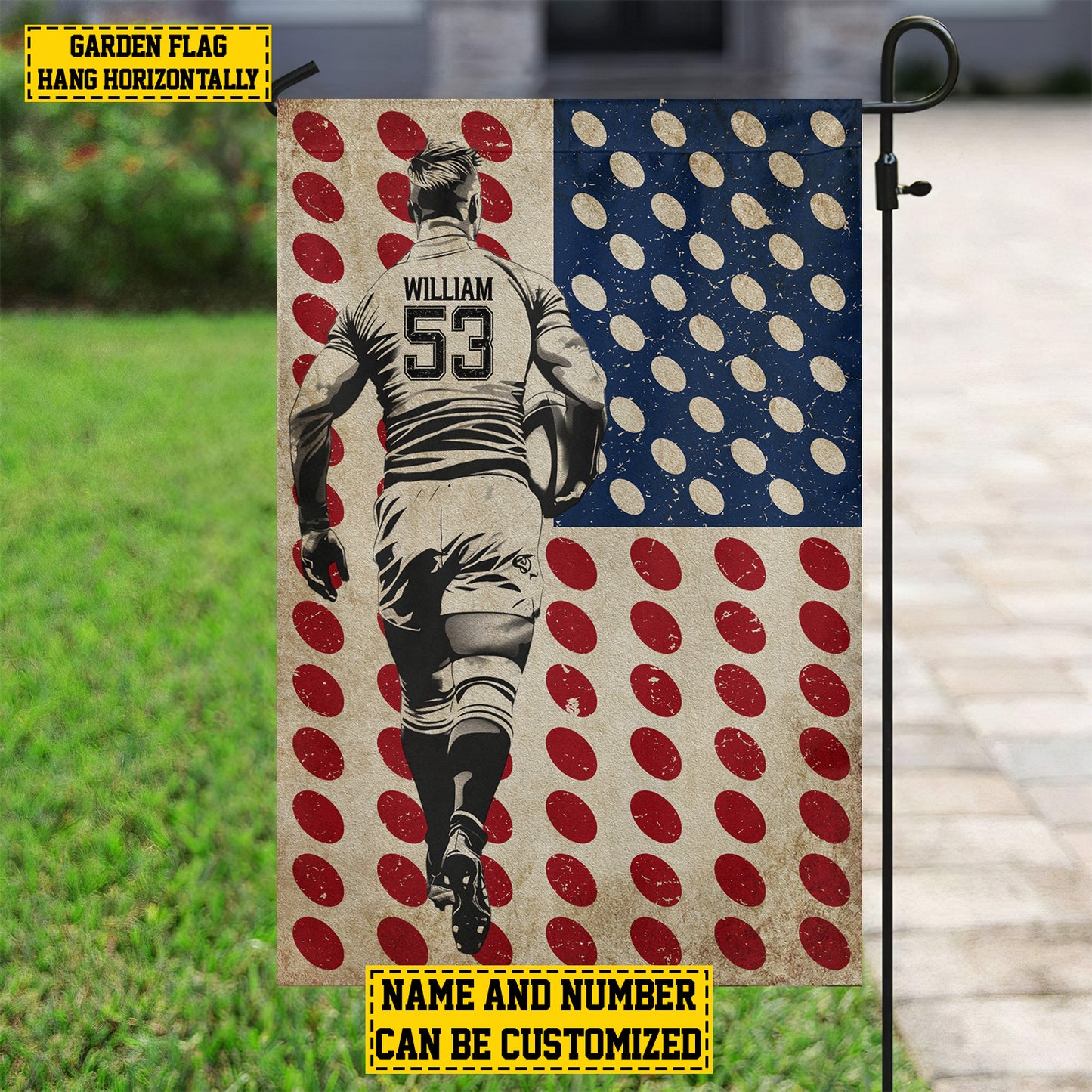 Personalized July 4th Rugby Men American Garden Flag & House Flag, Independence Day Patriotic Rugby USA Yard Flag Gift For Rugby Lovers