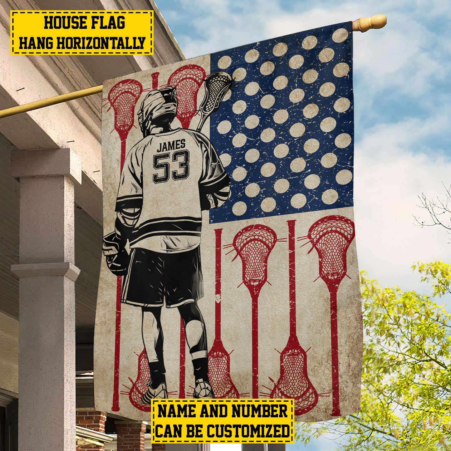 Personalized July 4th Lacrosse Boy American Garden Flag & House Flag, Independence Day Patriotic Lacrosse USA Yard Flag Gift For Lacrosse Lovers