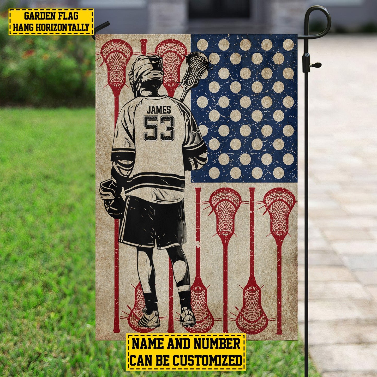 Personalized July 4th Lacrosse Boy American Garden Flag & House Flag, Independence Day Patriotic Lacrosse USA Yard Flag Gift For Lacrosse Lovers