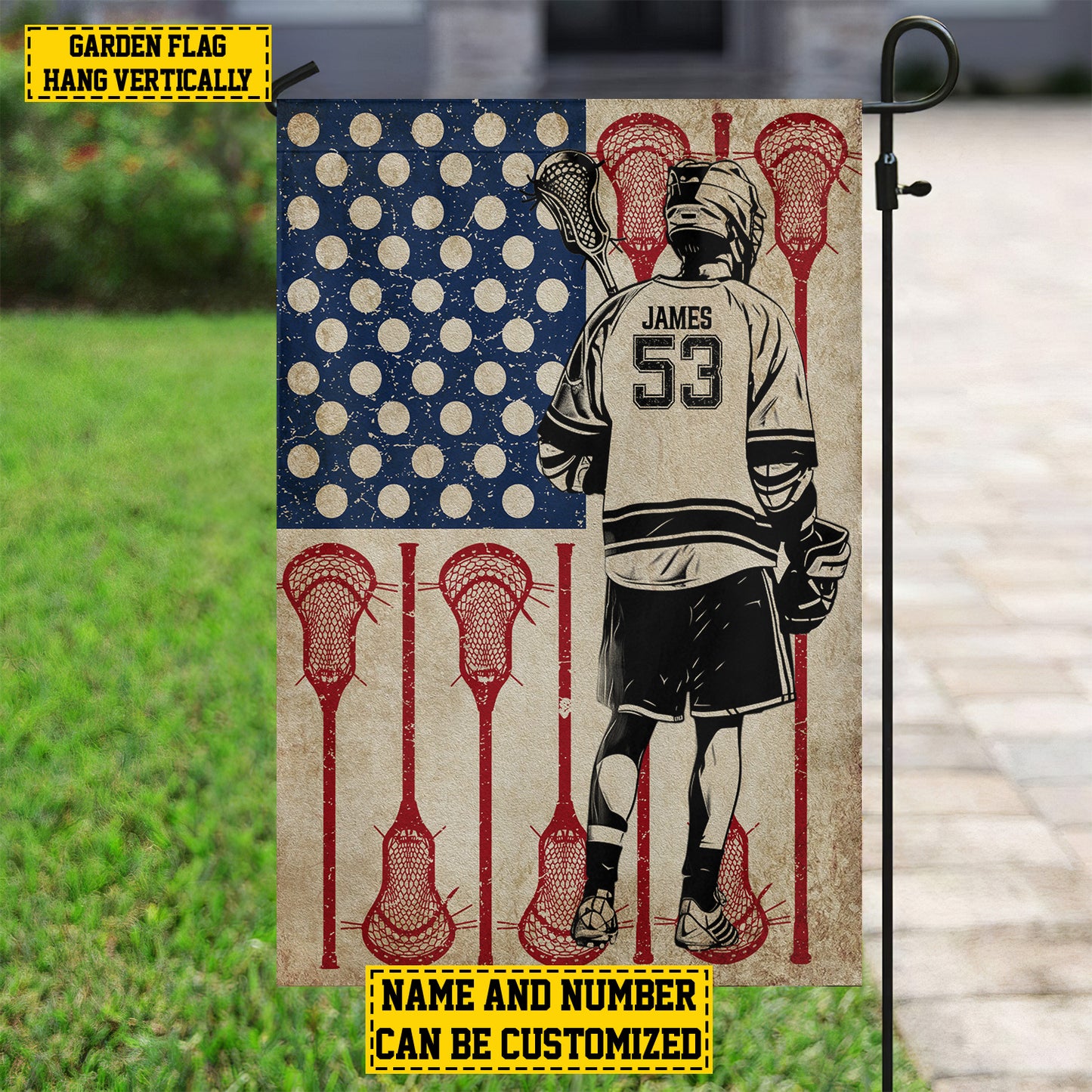 Personalized July 4th Lacrosse Boy American Garden Flag & House Flag, Independence Day Patriotic Lacrosse USA Yard Flag Gift For Lacrosse Lovers
