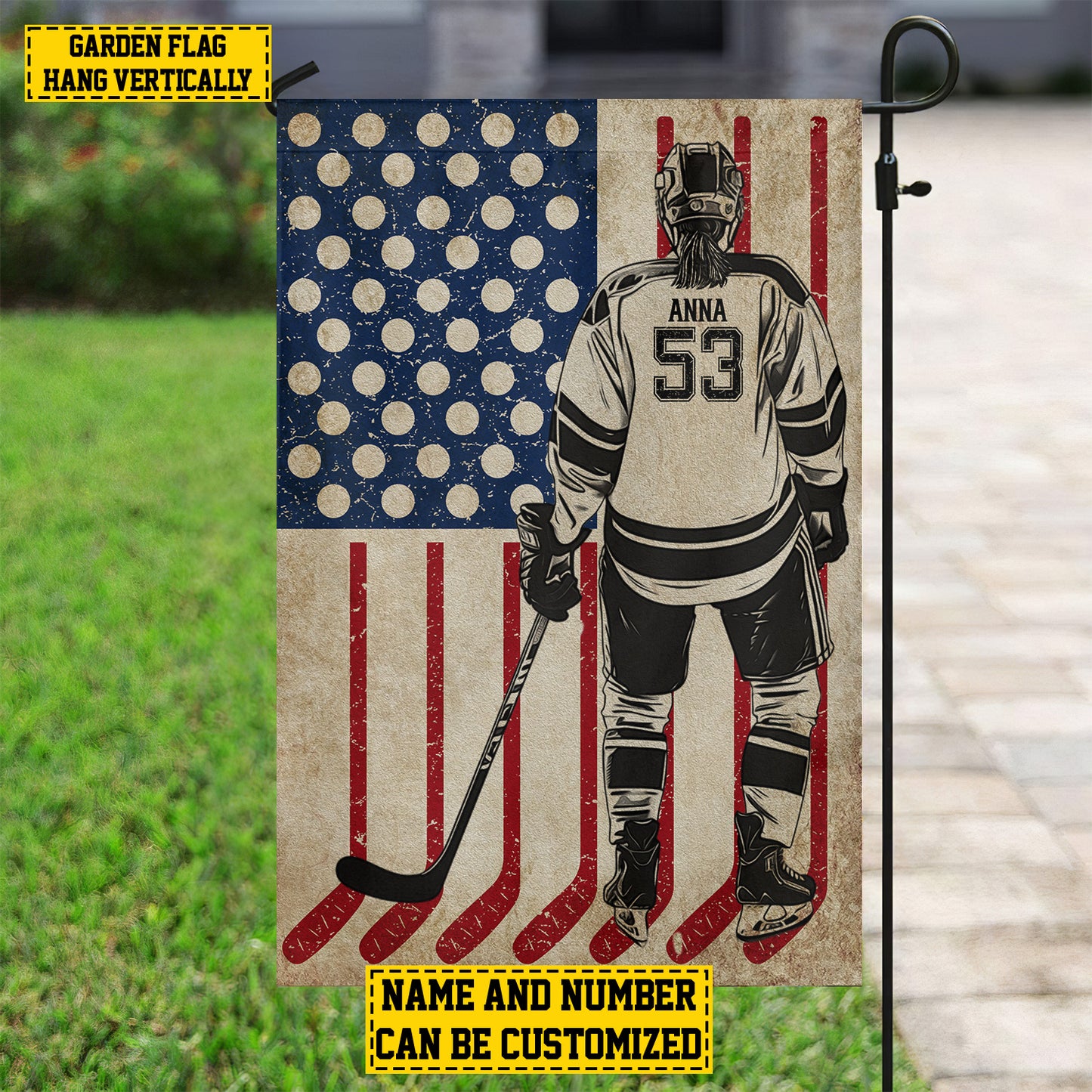 Personalized July 4th Hockey Women American Garden Flag House Flag, Independence Day Patriotic Hockey USA Yard Flag Gift For Hockey Lovers