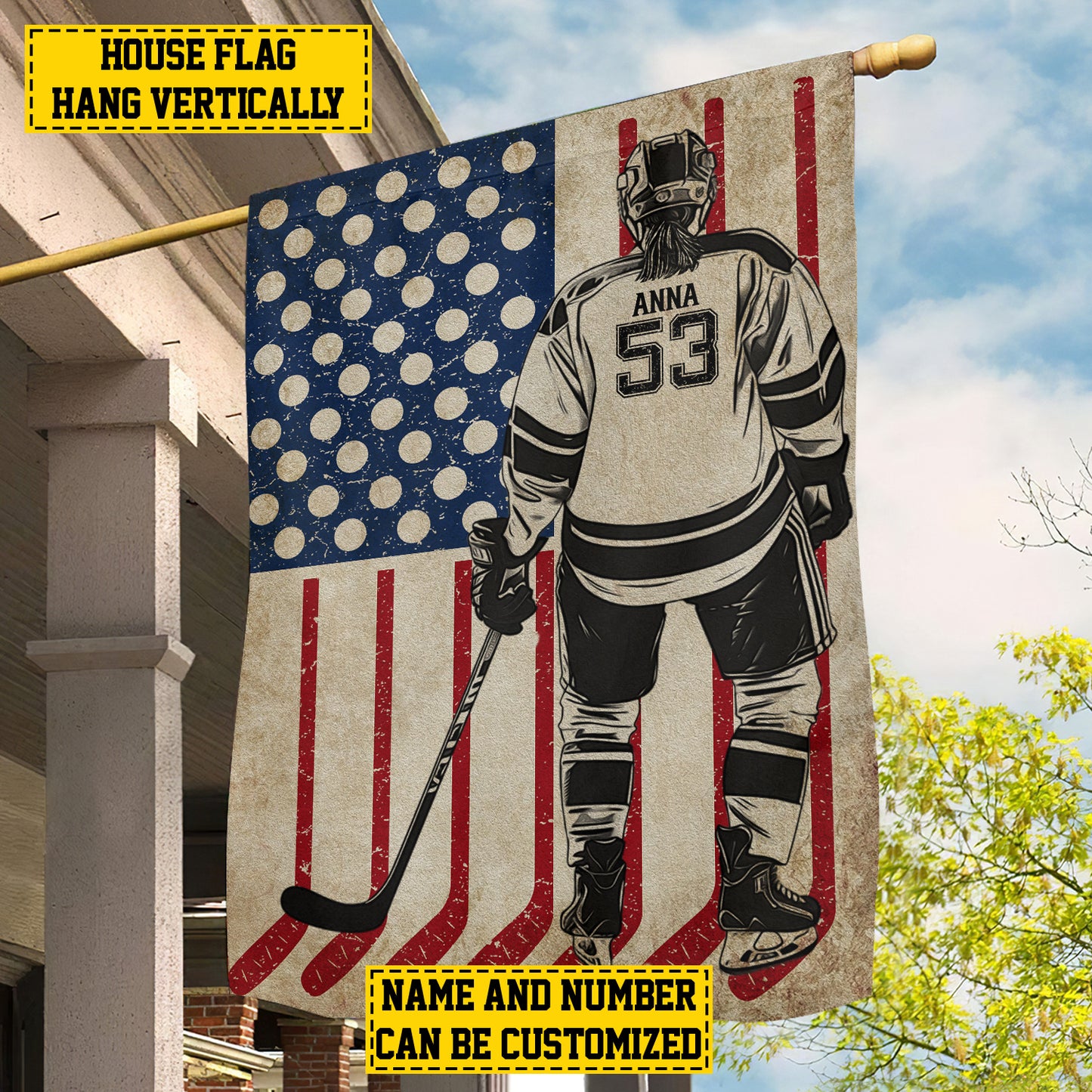 Personalized July 4th Hockey Women American Garden Flag House Flag, Independence Day Patriotic Hockey USA Yard Flag Gift For Hockey Lovers