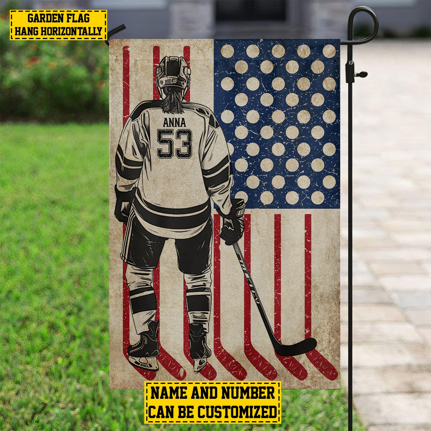 Personalized July 4th Hockey Women American Garden Flag House Flag, Independence Day Patriotic Hockey USA Yard Flag Gift For Hockey Lovers