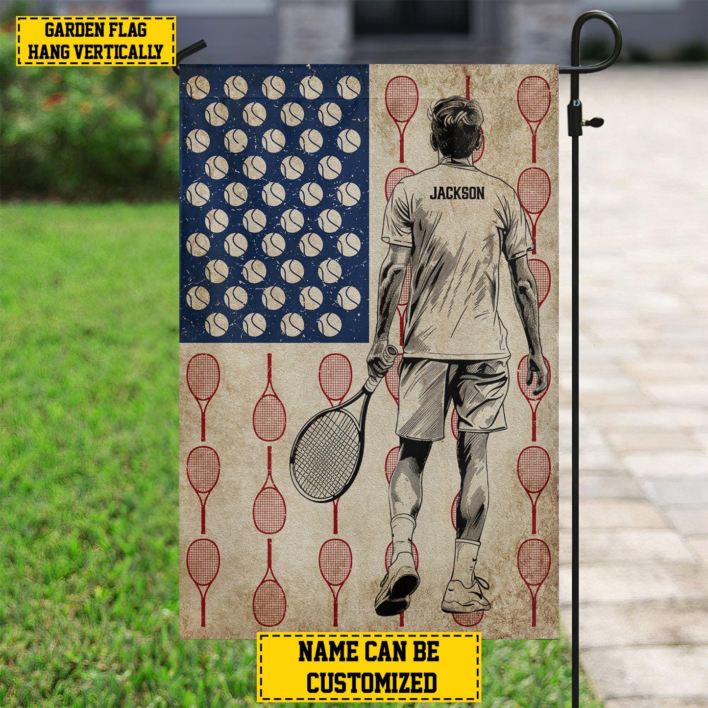 Personalized July 4th Tennis Men American Garden Flag & House Flag, Independence Day Patriotic Tennis USA Yard Flag Gift For Tennis Lovers