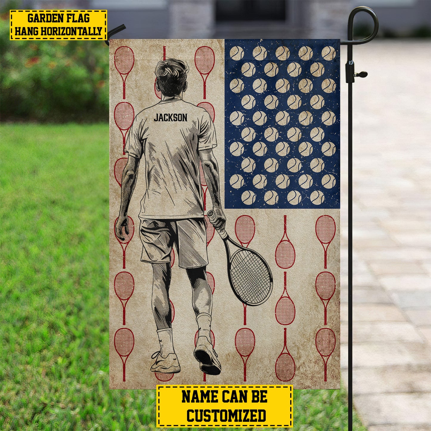 Personalized July 4th Tennis Men American Garden Flag & House Flag, Independence Day Patriotic Tennis USA Yard Flag Gift For Tennis Lovers