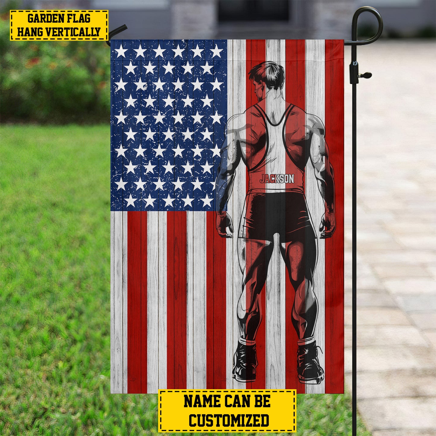 Personalized July 4th Wrestling American Garden Flag & House Flag, Independence Day Patriotic Wrestling USA Yard Flag Gift For Wrestling Lovers