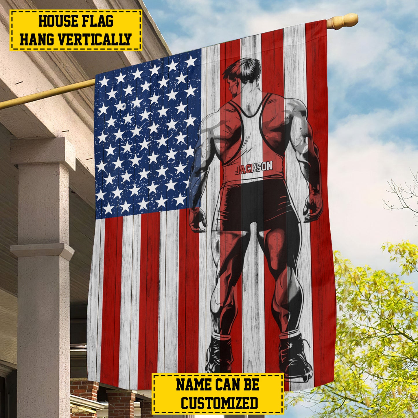 Personalized July 4th Wrestling American Garden Flag & House Flag, Independence Day Patriotic Wrestling USA Yard Flag Gift For Wrestling Lovers