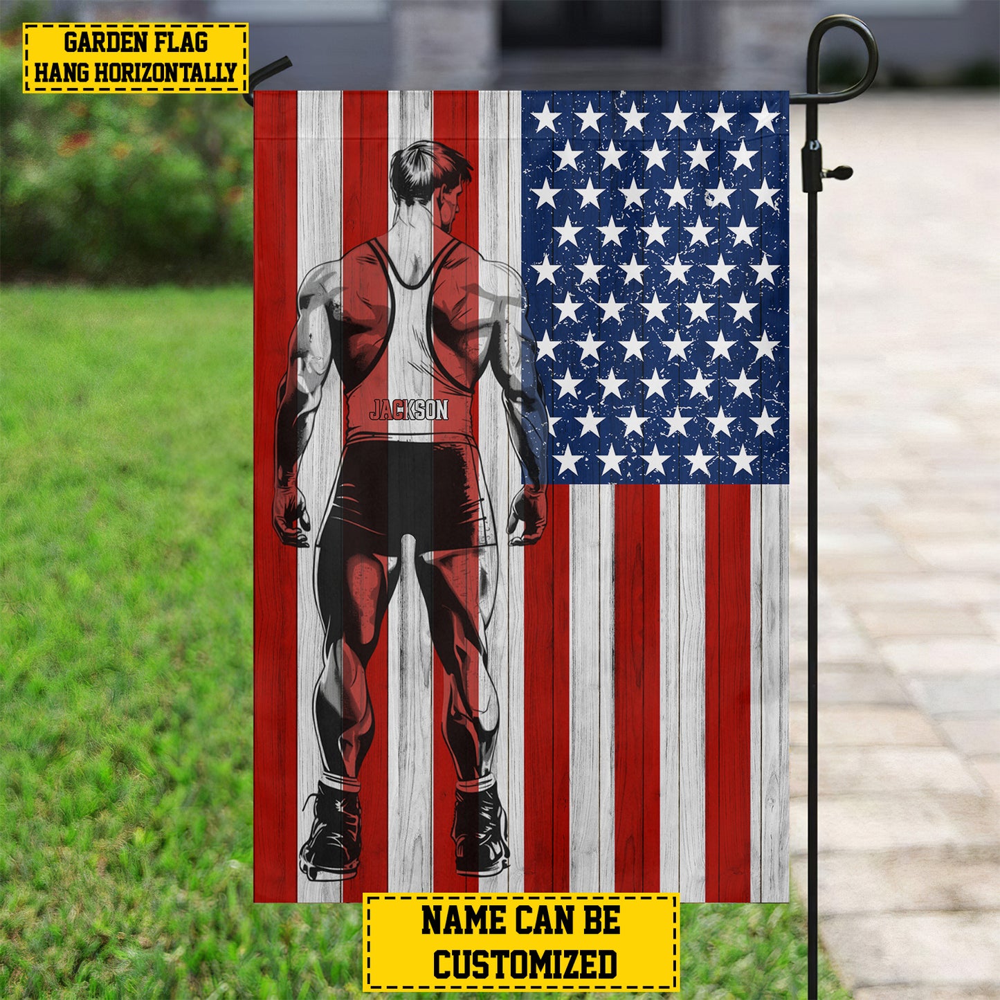 Personalized July 4th Wrestling American Garden Flag & House Flag, Independence Day Patriotic Wrestling USA Yard Flag Gift For Wrestling Lovers