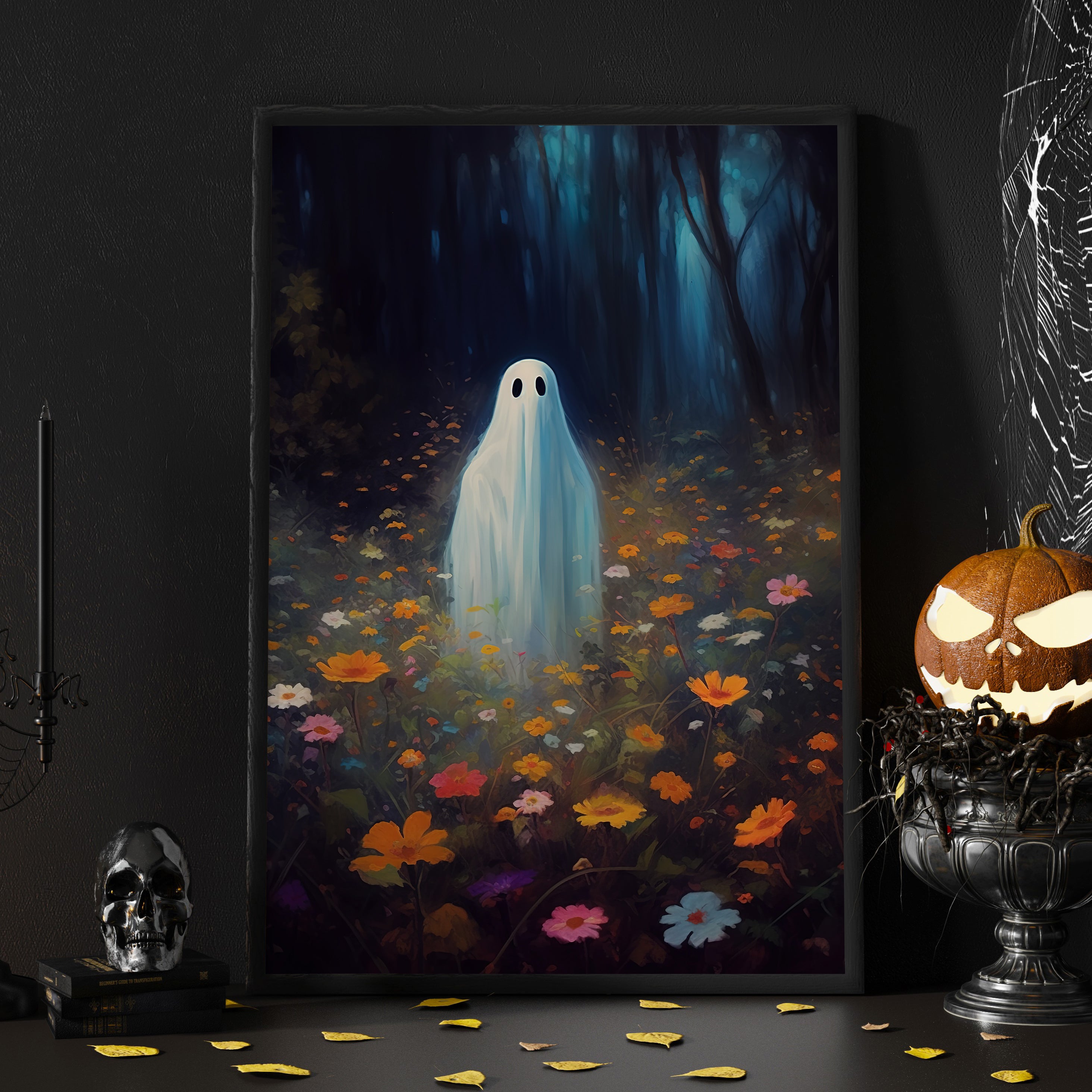 Alone Ghost In Flower Forest Canvas Prints Wall Art - Dark Ghost Hallo 