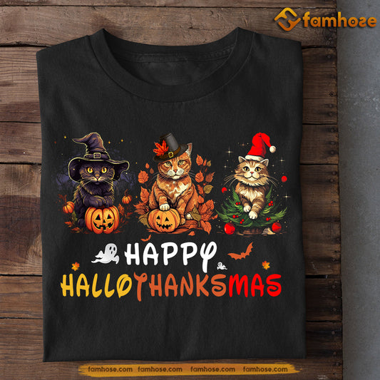Cute Halloween Black Cat T-shirt, Happy Hallothanksmas Cats With Three Hats, Gift For Cat Lovers, Cat Tees, Cat Owners