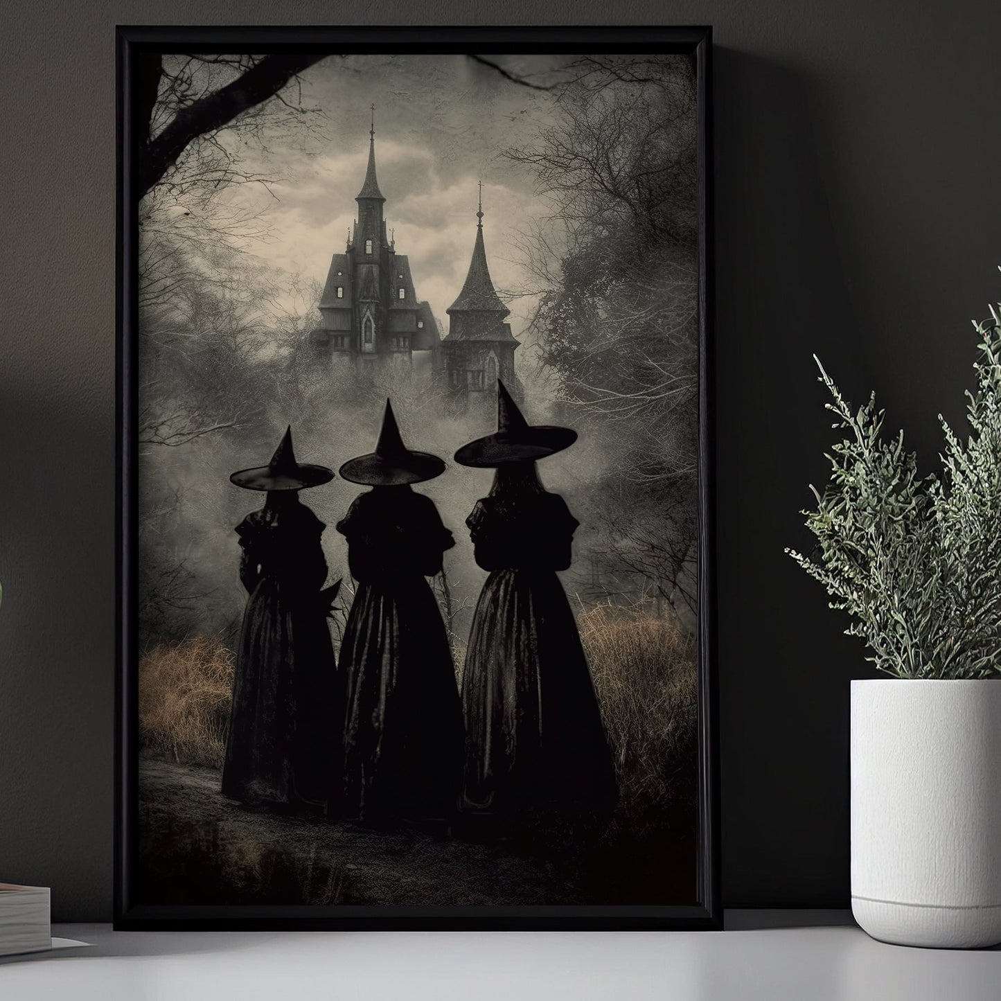 Three Witches Convene By The Haunted Castle Vintage Gothic Halloween Canvas Painting, Wall Art Decor - Dark Surreal Mythical Witch Halloween Poster Print