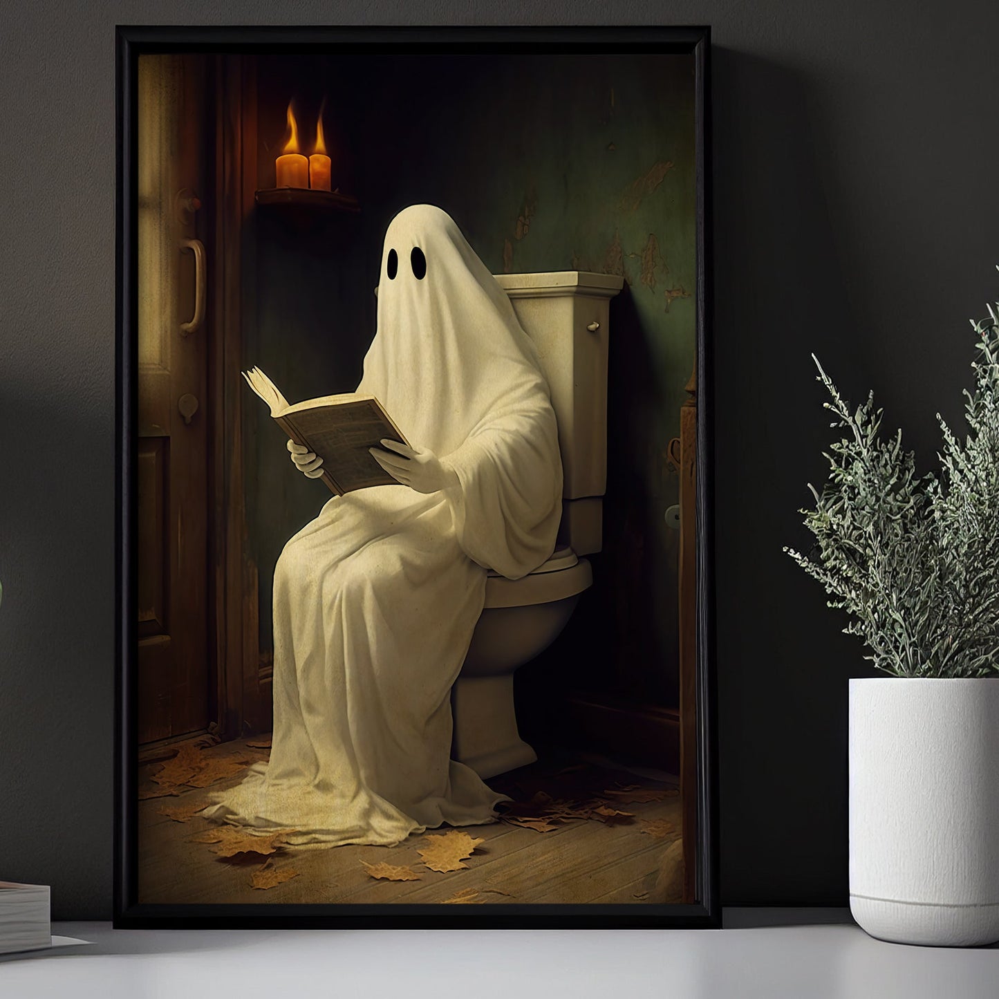 Vintage Ghost In Toilet Reading Book Canvas Art Print - Dark Gothic Boo Ghost In Bathroom Halloween Wall Decor