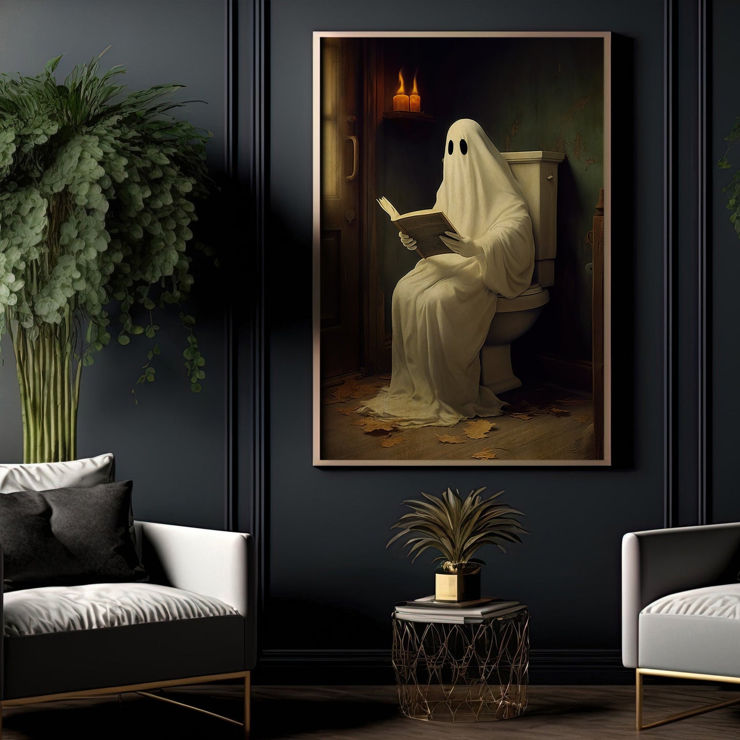 Vintage Ghost In Toilet Reading Book Canvas Art Print - Dark Gothic Boo Ghost In Bathroom Halloween Wall Decor