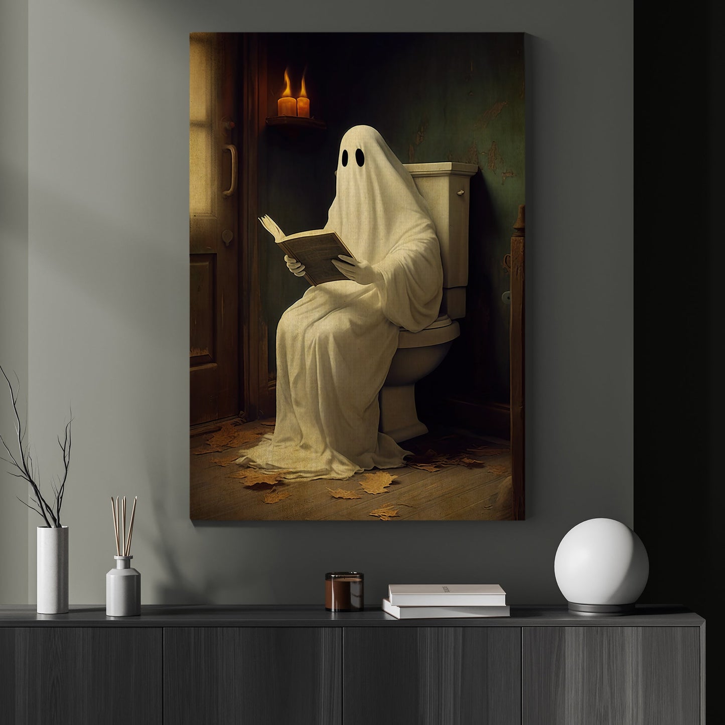 Vintage Ghost In Toilet Reading Book Canvas Art Print - Dark Gothic Boo Ghost In Bathroom Halloween Wall Decor