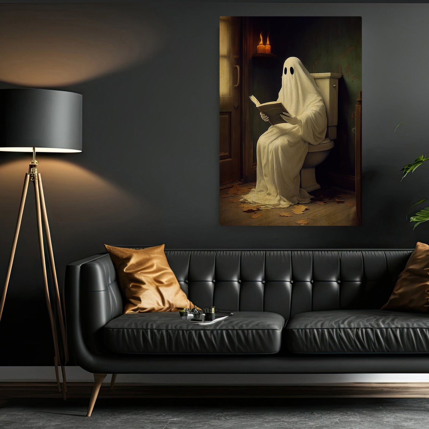 Vintage Ghost In Toilet Reading Book Canvas Art Print - Dark Gothic Boo Ghost In Bathroom Halloween Wall Decor