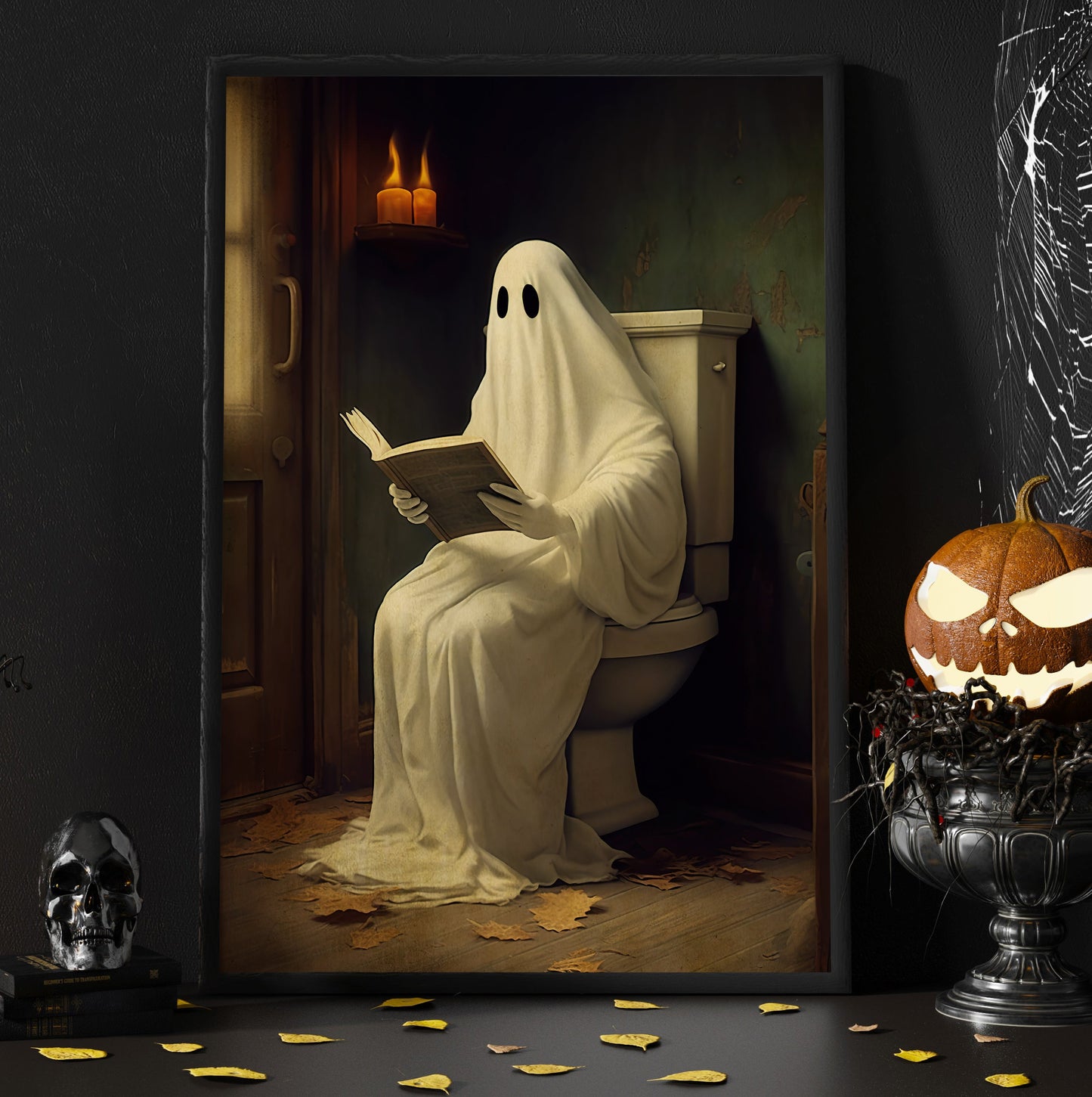 Vintage Ghost In Toilet Reading Book Canvas Art Print - Dark Gothic Boo Ghost In Bathroom Halloween Wall Decor