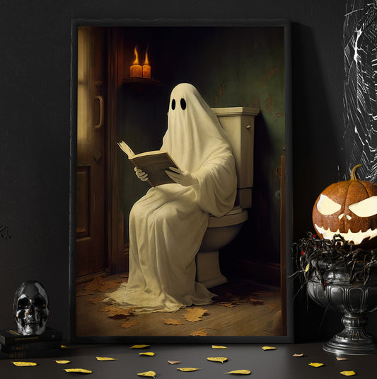 Vintage Ghost In Toilet Reading Book Canvas Art Print - Dark Gothic Boo Ghost In Bathroom Halloween Restroom Wall Decor