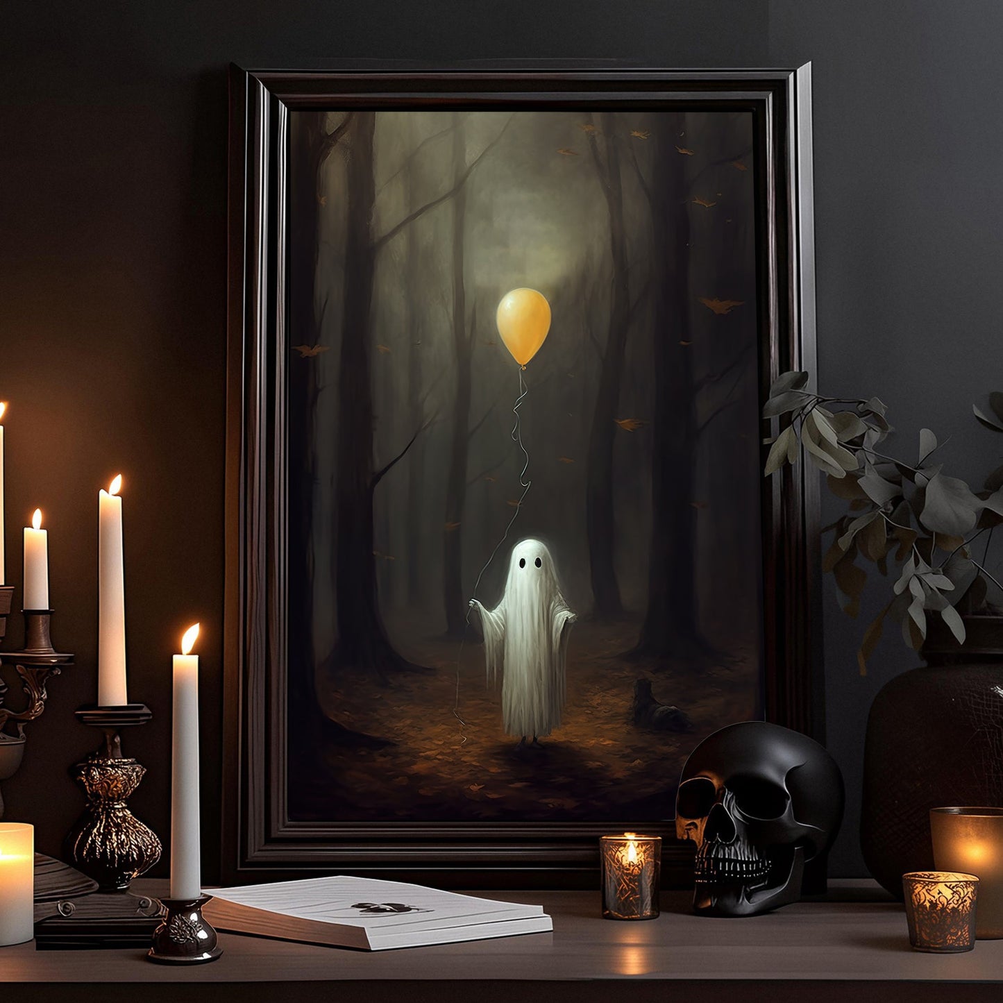 Baby Ghost Hold Balloon Halloween Canvas Painting, Wall Art Decor - Dark Ghost Halloween Poster Gift