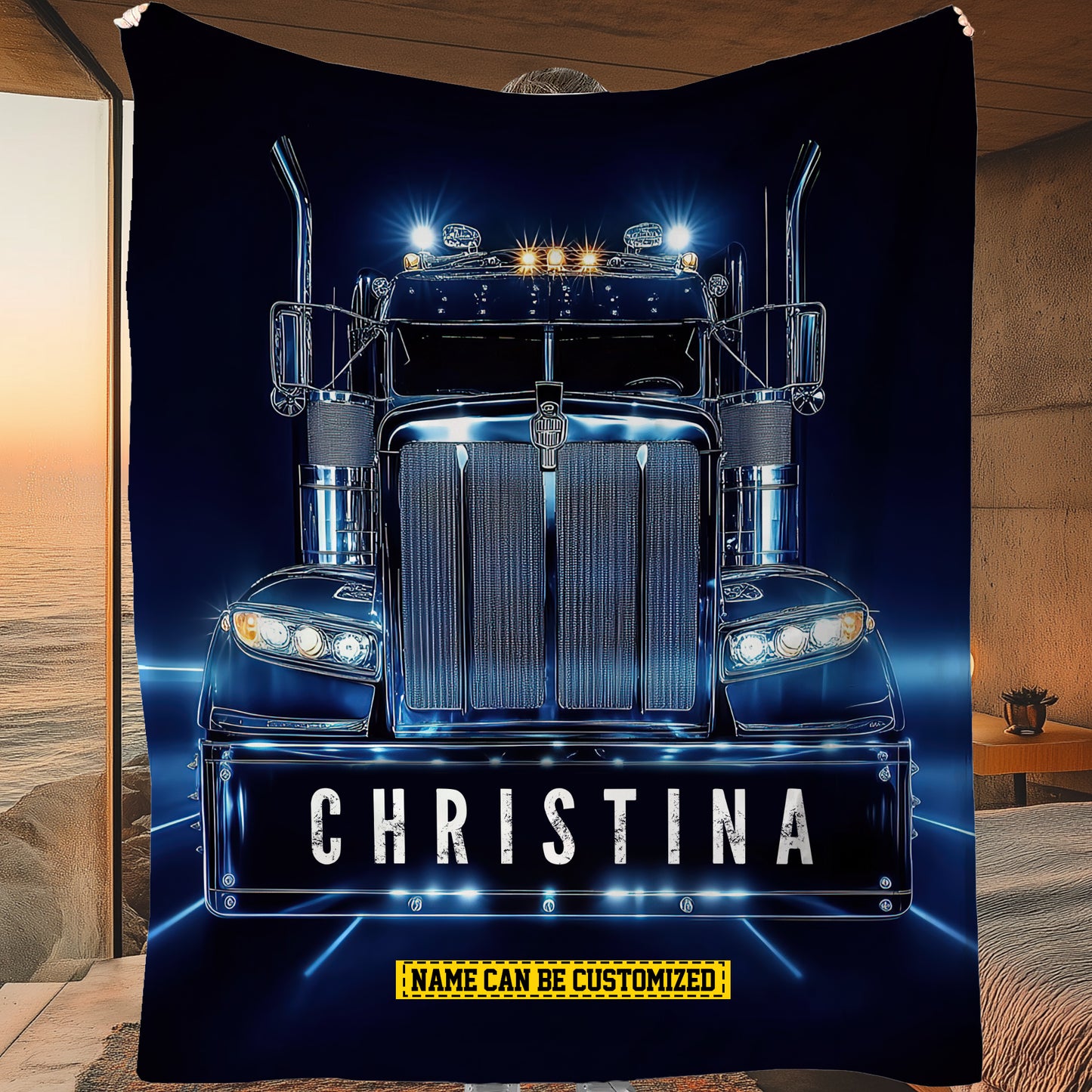 Personalized Trucker Fleece Blanket, Big Truck In Night Woven Blanket, Cool Sherpa Blanket Gift For Truck Drivers