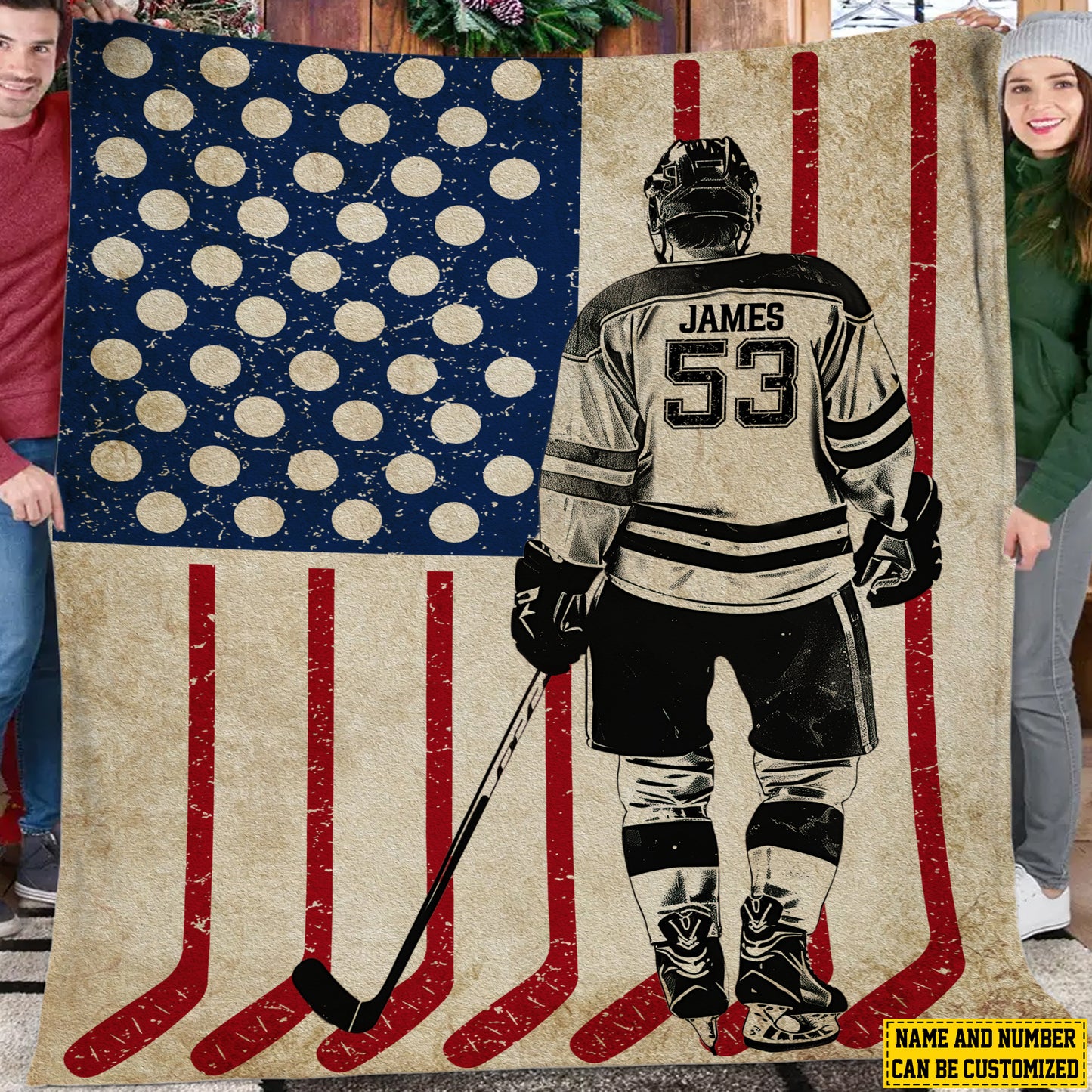 Personalized Hockey Boy American Flag Fleece Blanket, Hockey Woven Blanket, Cool Sherpa Blanket Gift For Hockey Lovers