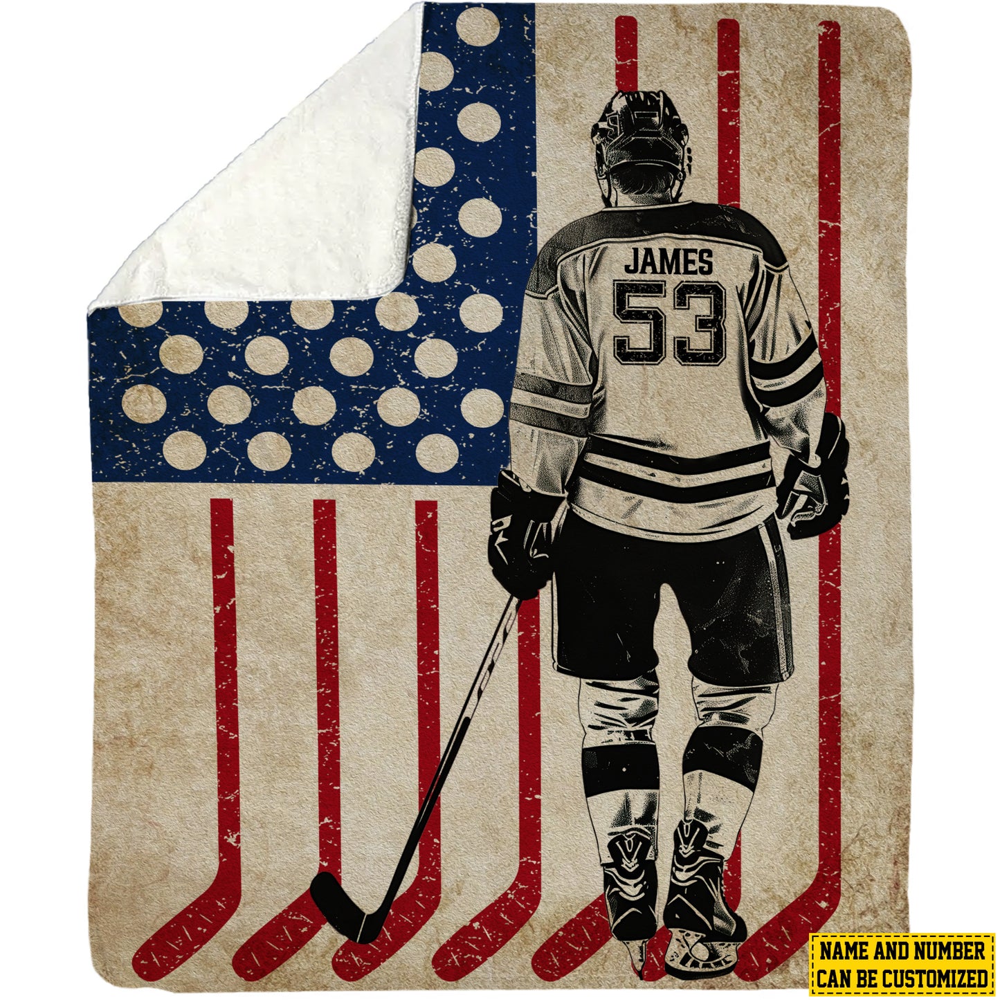 Personalized Hockey Boy American Flag Fleece Blanket, Hockey Woven Blanket, Cool Sherpa Blanket Gift For Hockey Lovers
