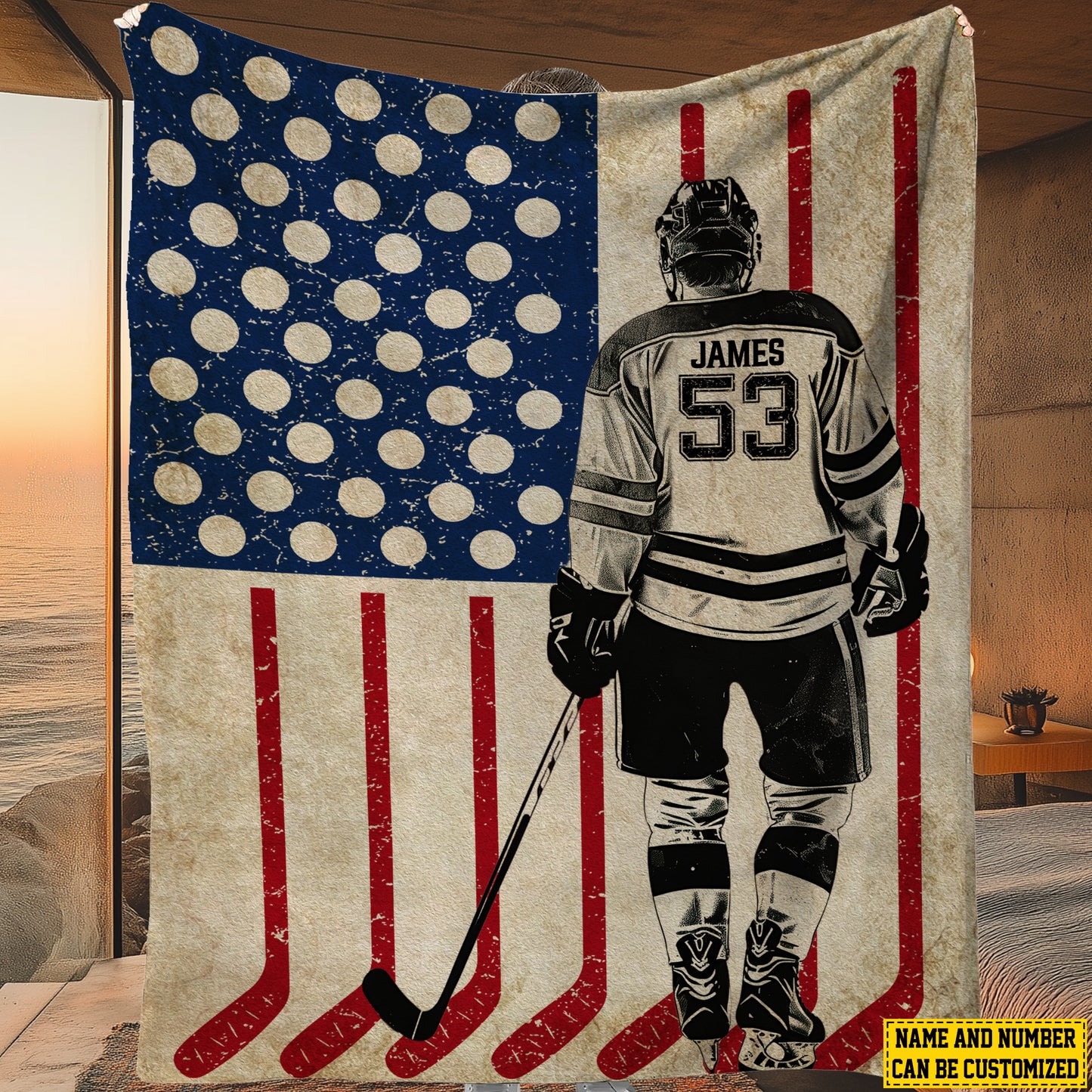 Personalized Hockey Boy American Flag Fleece Blanket, Hockey Woven Blanket, Cool Sherpa Blanket Gift For Hockey Lovers