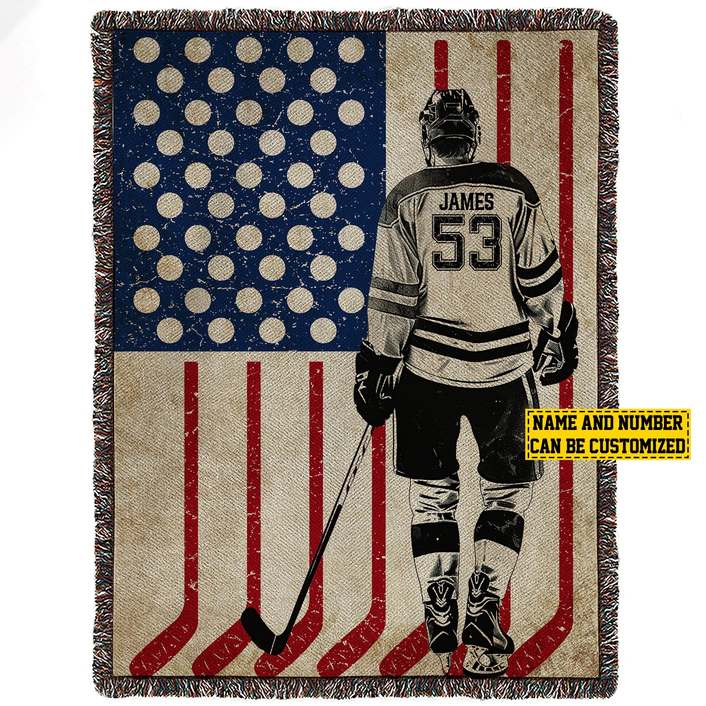 Personalized Hockey Boy American Flag Fleece Blanket, Hockey Woven Blanket, Cool Sherpa Blanket Gift For Hockey Lovers