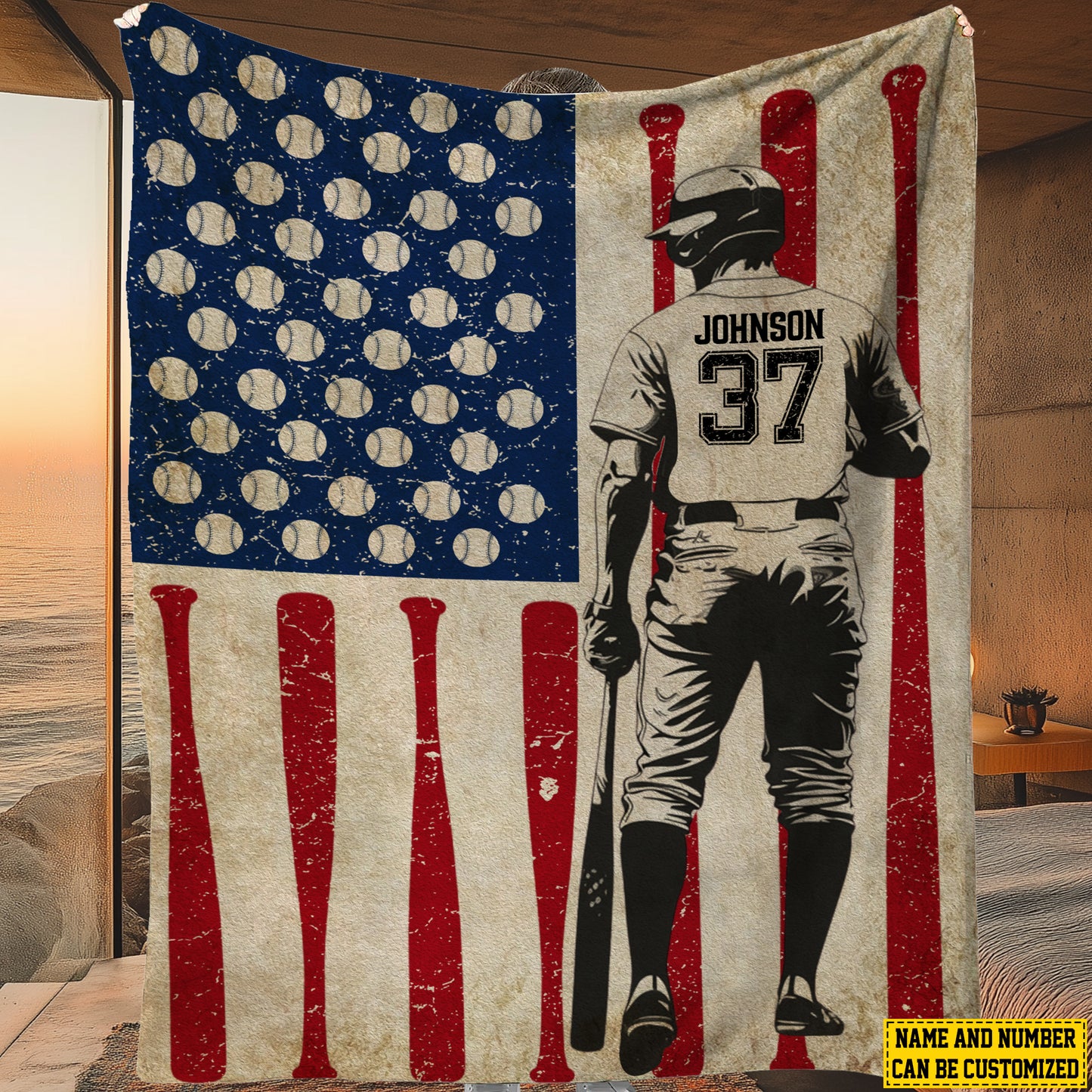 Personalized Baseball Boy American Flag Fleece Blanket, Baseball Woven Blanket, Cool Sherpa Blanket Gift For Baseball Lovers