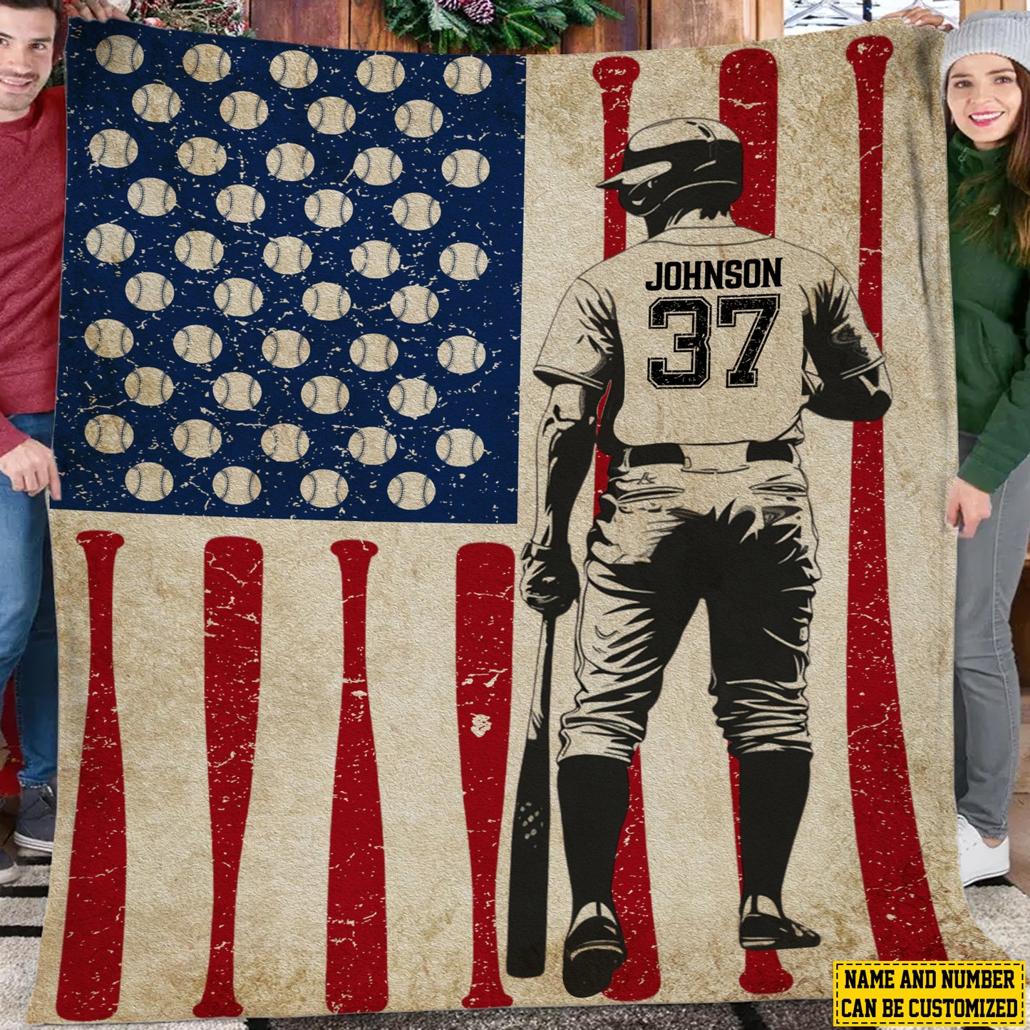 Personalized Baseball Boy American Flag Fleece Blanket, Baseball Woven Blanket, Cool Sherpa Blanket Gift For Baseball Lovers