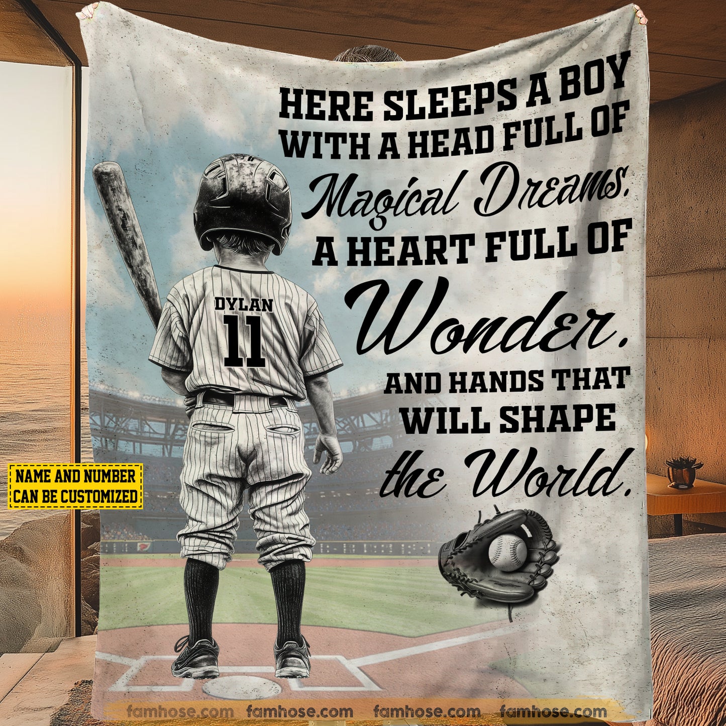 Cute Personalized Baseball Boy Fleece Blanket, A Heart Full Of Wonder Sport Woven Blanket, Cool Sherpa Blanket Gift For Baseball Kid Lovers