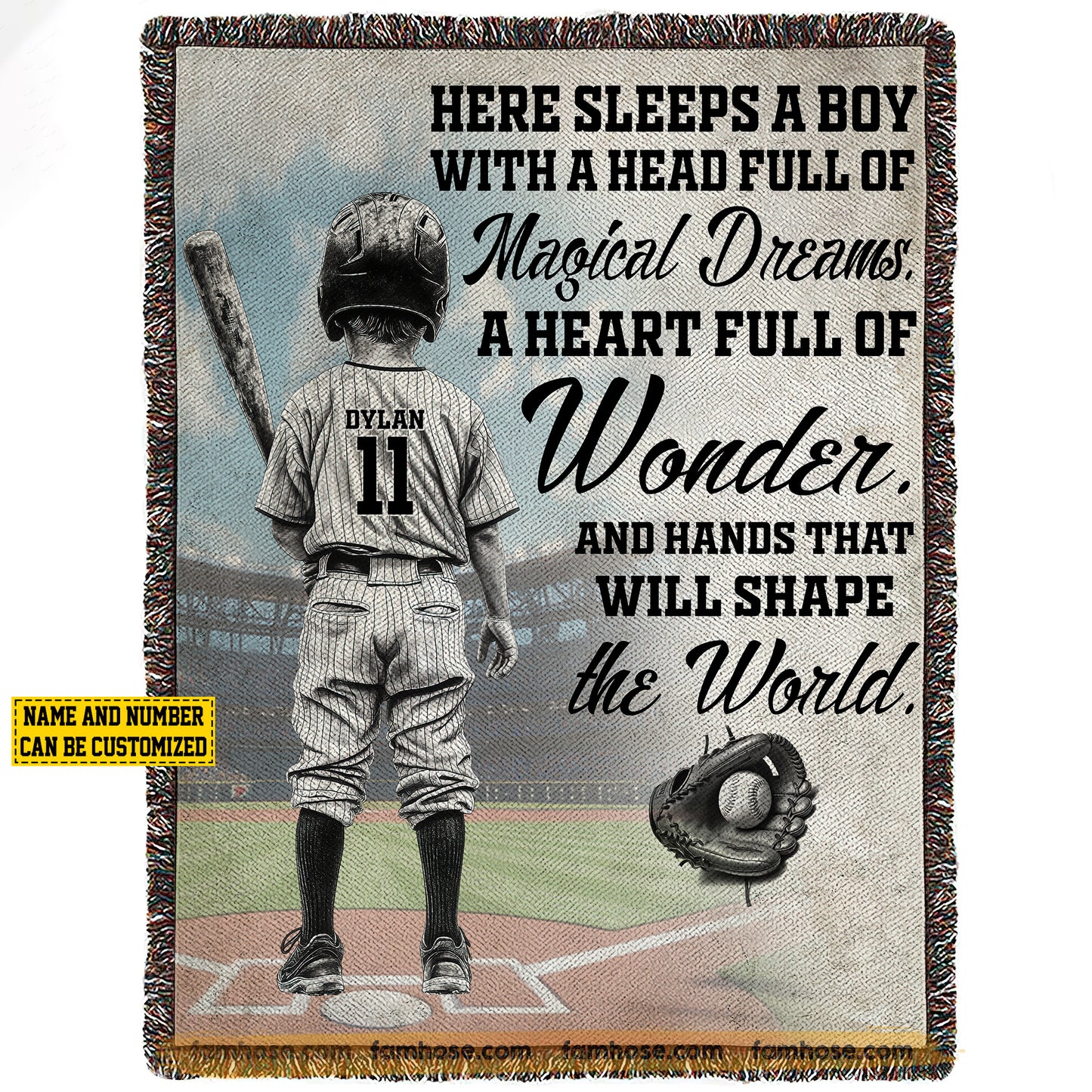 Cute Personalized Baseball Boy Fleece Blanket, A Heart Full Of Wonder Sport Woven Blanket, Cool Sherpa Blanket Gift For Baseball Kid Lovers