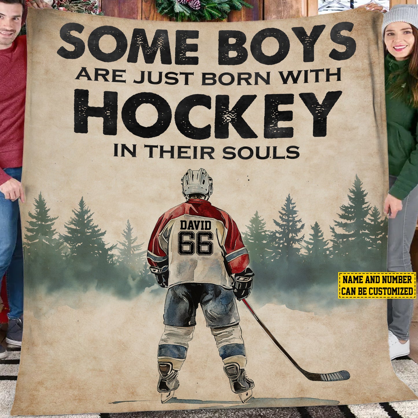 Vintage Personalized Hockey Fleece Blanket, Hockey In Their Souls Woven Blanket, Cool Sherpa Blanket Gift For Hockey Lovers